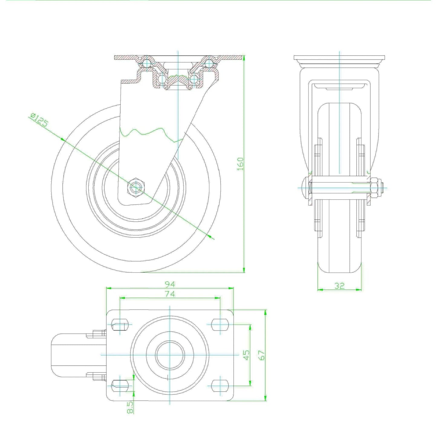 Technical drawing of 5 Inch Swivel Caster Wheels Set of 4 with Brakes, showing dimensions and design details.