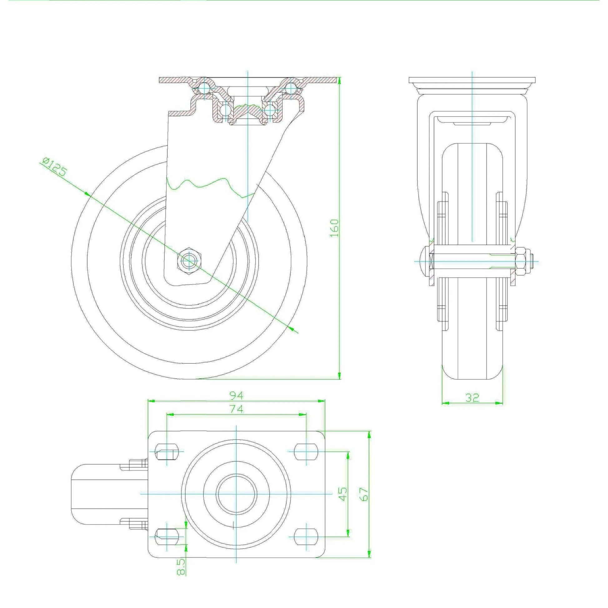 Technical drawing of 5 Inch Swivel Caster Wheels Set of 4 with Brakes, showing dimensions and design details.