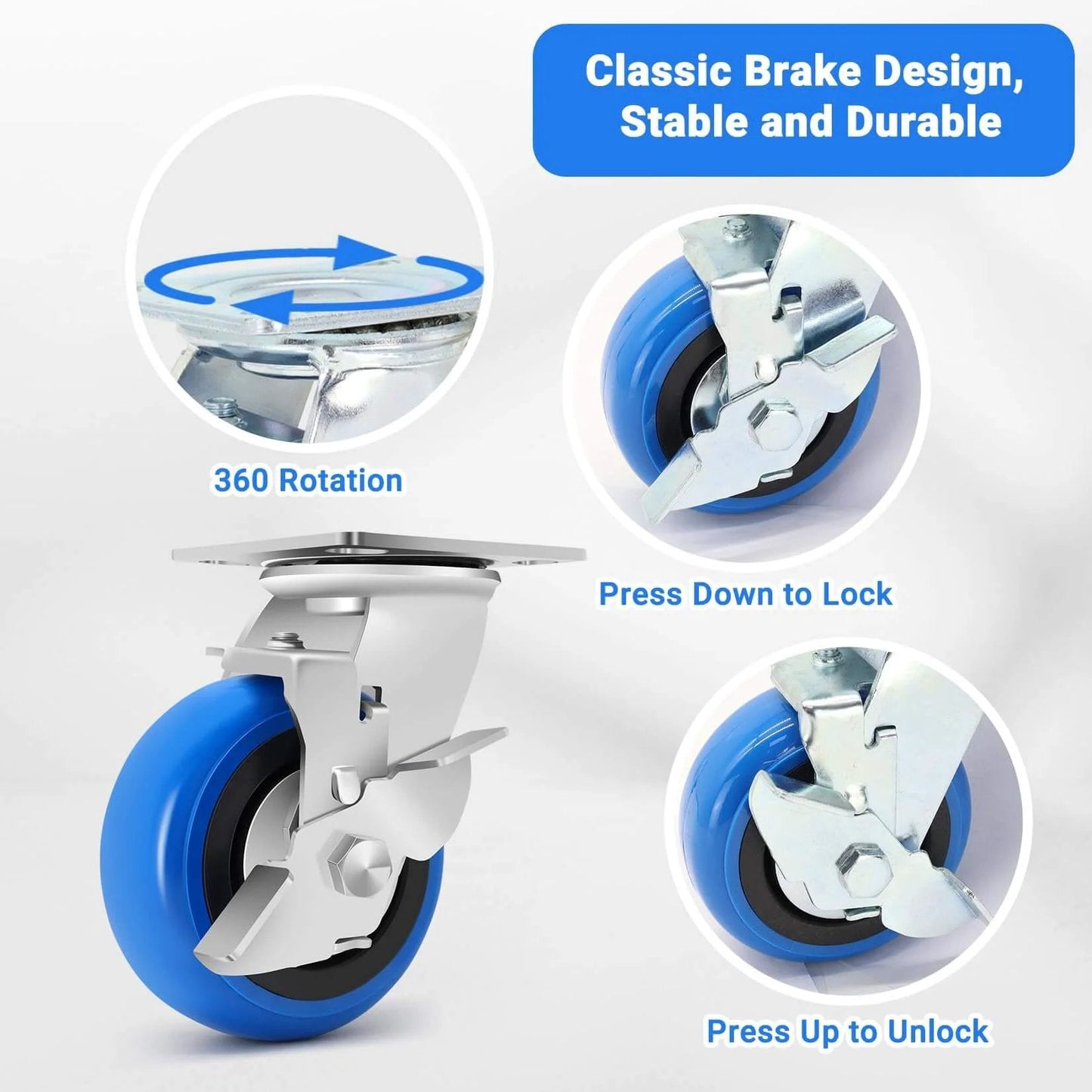 Close-up of 5 inch heavy duty caster wheels set of 4 rated 3500 lb total with smooth rolling design, showing brake mechanism details.