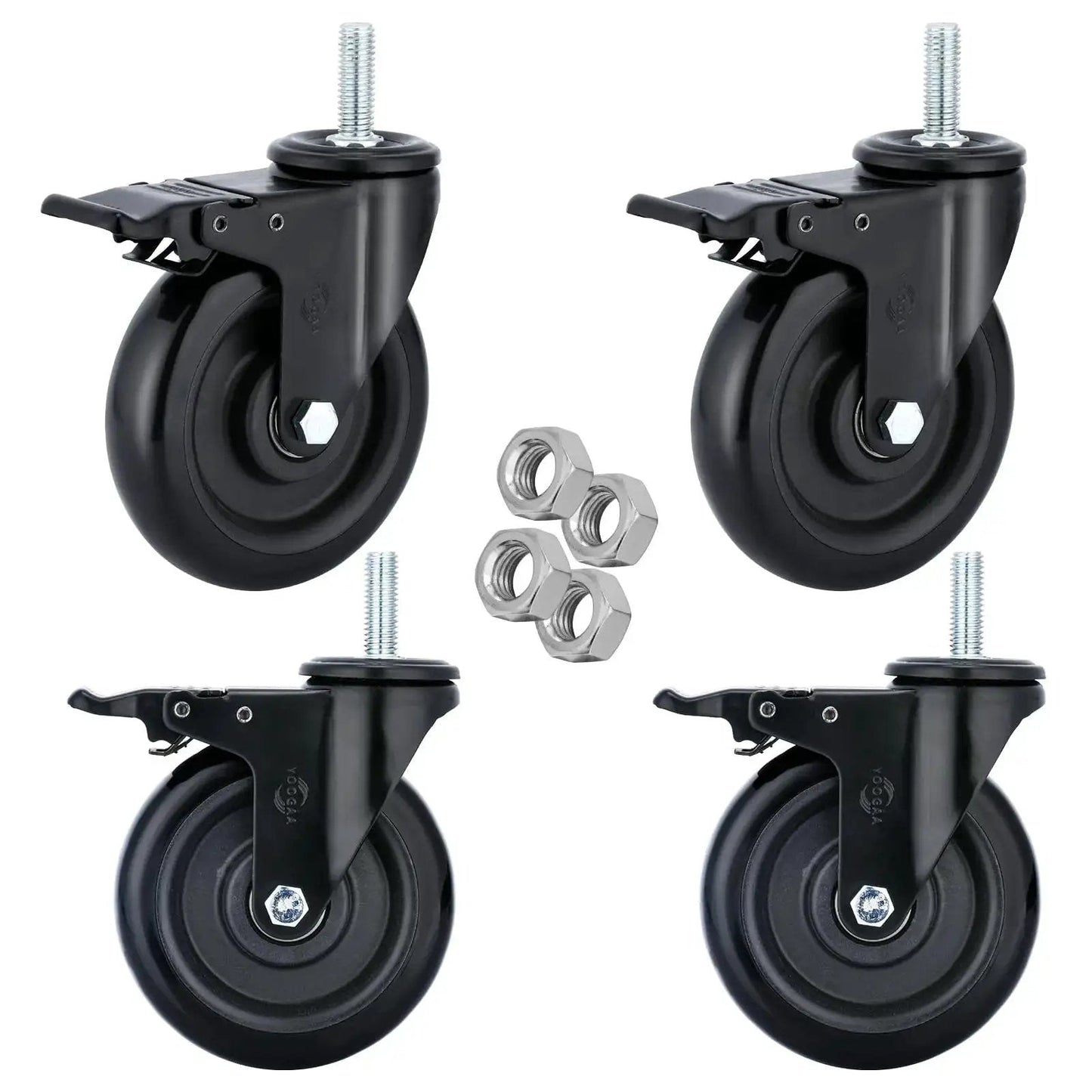 Set of four black five inch stem caster wheels with dual locking brakes and nuts, heavy duty 1500 pound capacity, for carts and equipment.