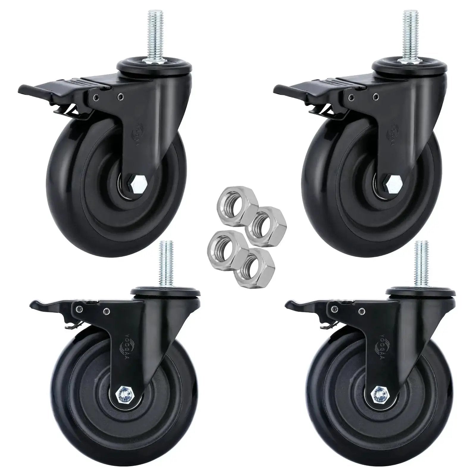 Set of four black five inch stem caster wheels with dual locking brakes and nuts, heavy duty 1500 pound capacity, for carts and equipment.