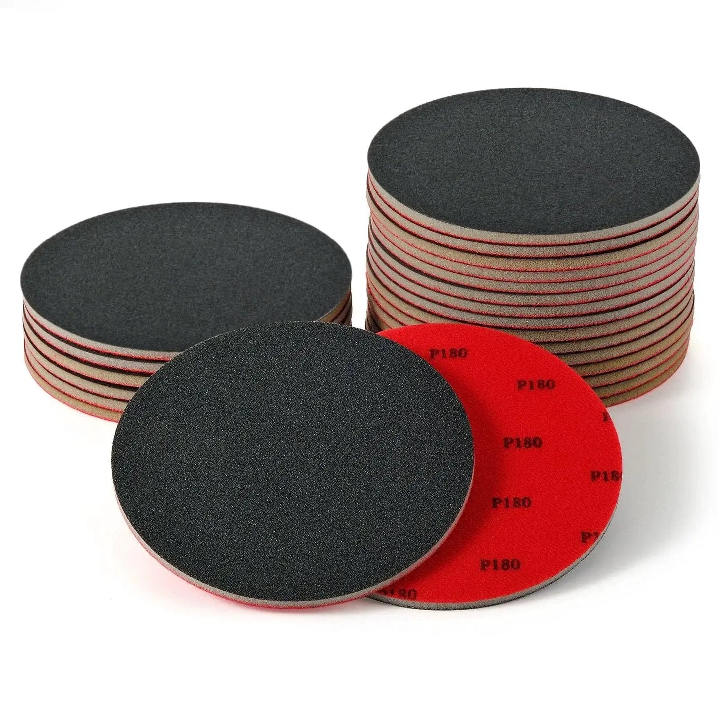Stack of Five Inch Foam Sanding Pad Set 18 Pcs 180 3000 Grit for Wet Dry Orbital Sander showing front and back sides