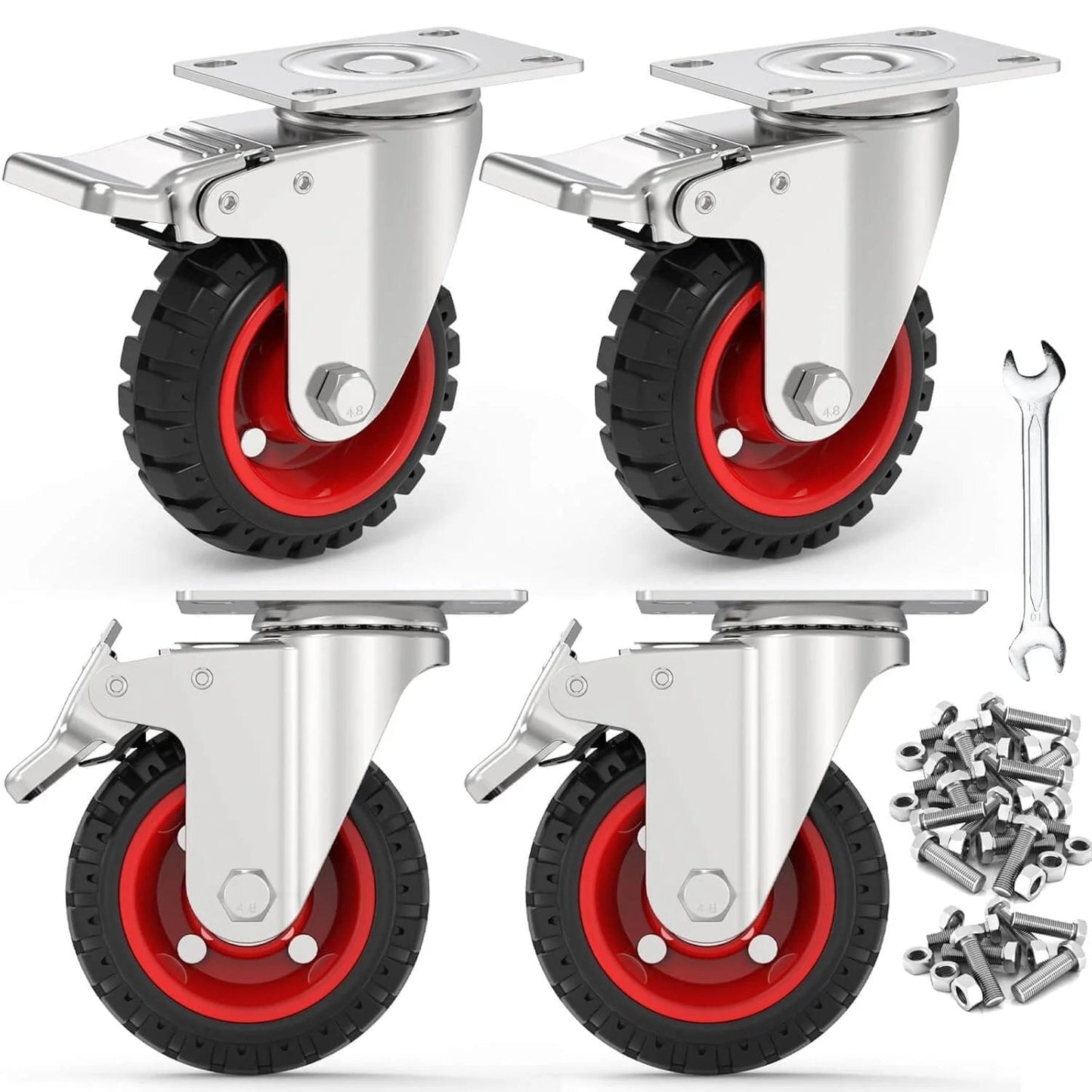 5 Inch Heavy Duty Caster Wheels with Dual Lock Safety Brake, Non Marking Rubber Tires, Swivel Design, 4 pack with mounting hardware