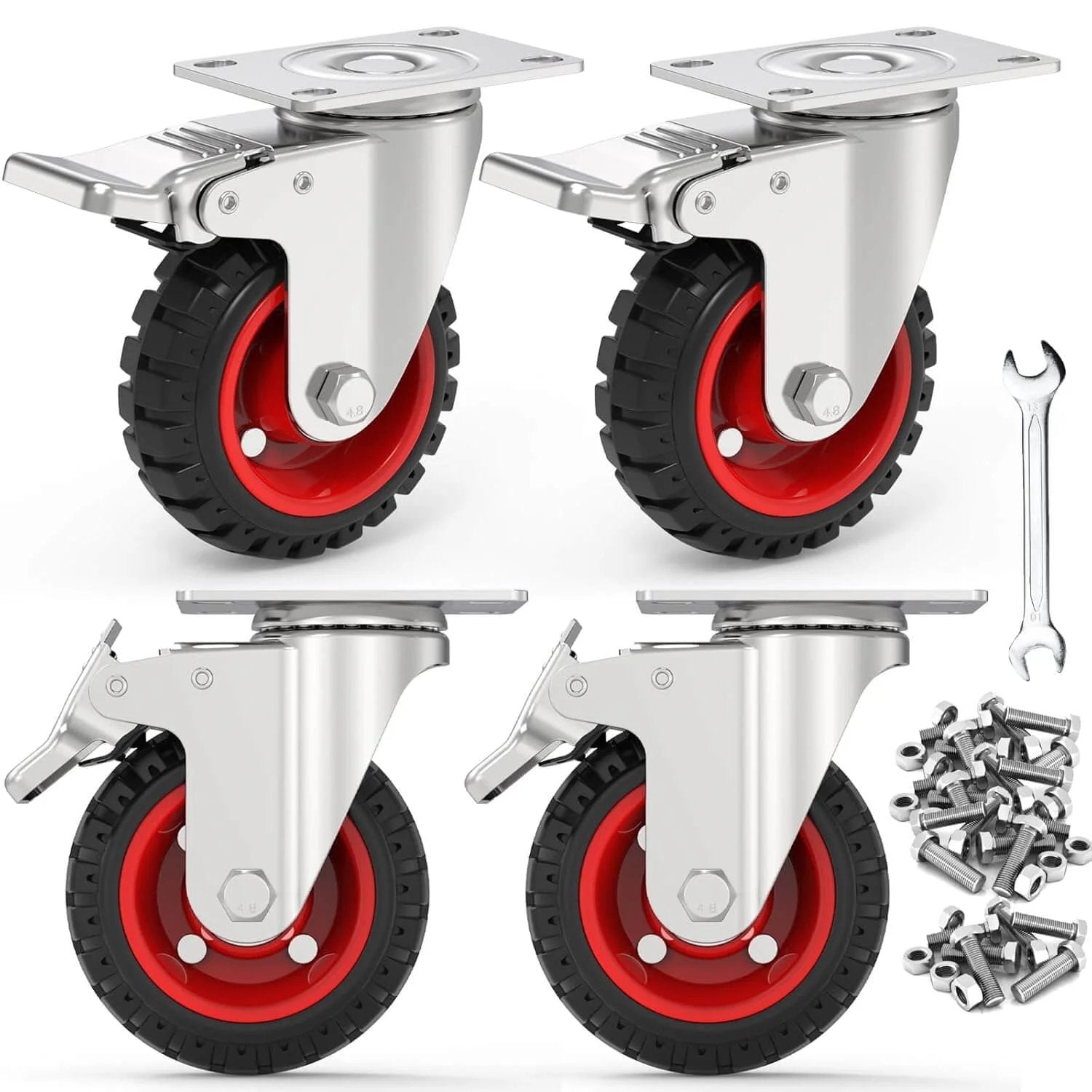 5 Inch Heavy Duty Caster Wheels with Dual Lock Safety Brake, Non Marking Rubber Tires, Swivel Design, 4 pack with mounting hardware