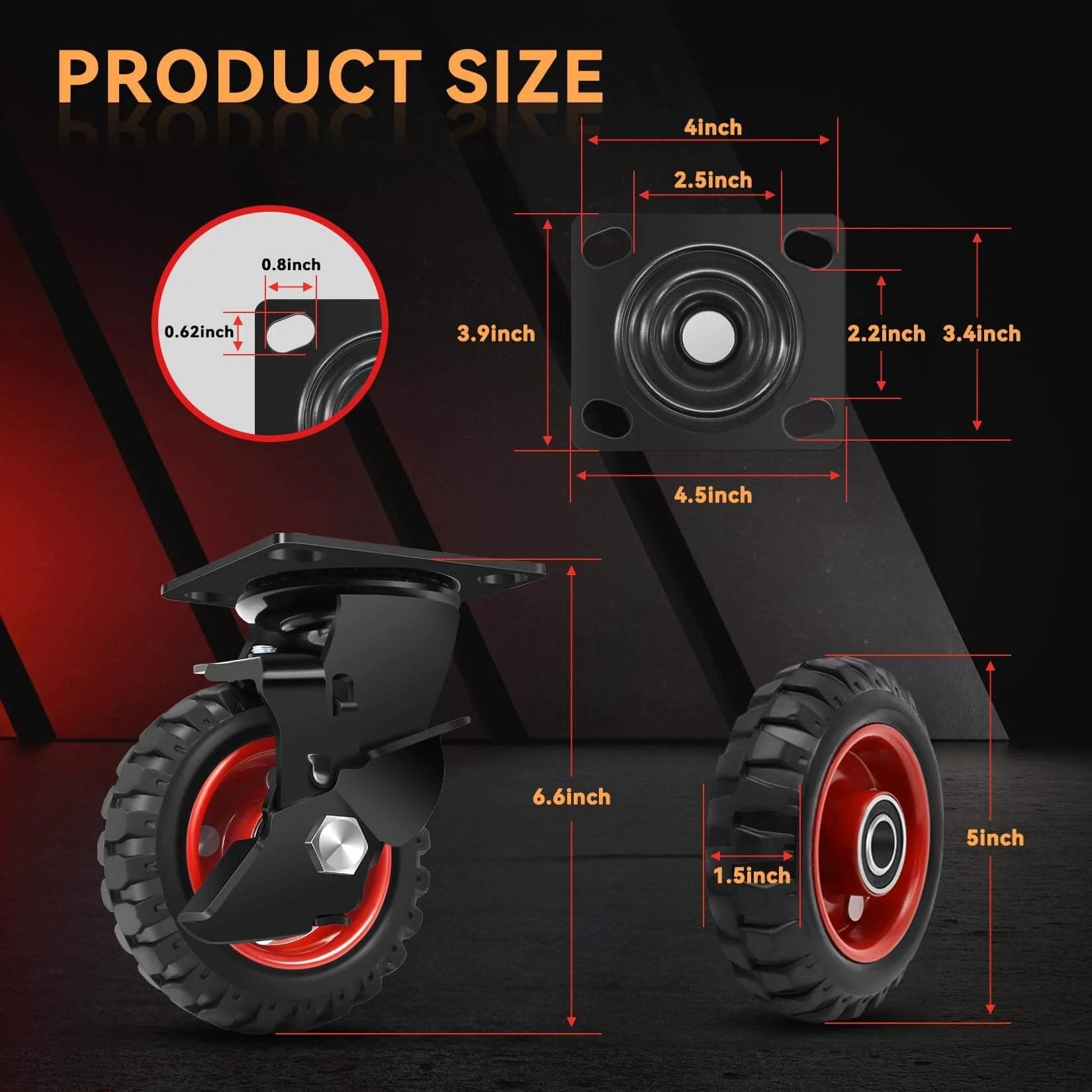 5 Inch Heavy Duty Caster Wheels Set of 4, 1080 LBS Outdoor Industrial Wheels Swivel Large Rubber Casters size diagram