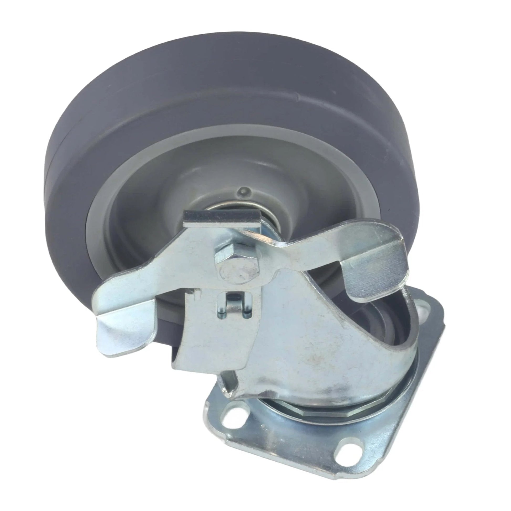 Close-up of one 5 Inch Swivel Caster Wheel with Brake, showing heavy duty polyurethane and plate mount design.
