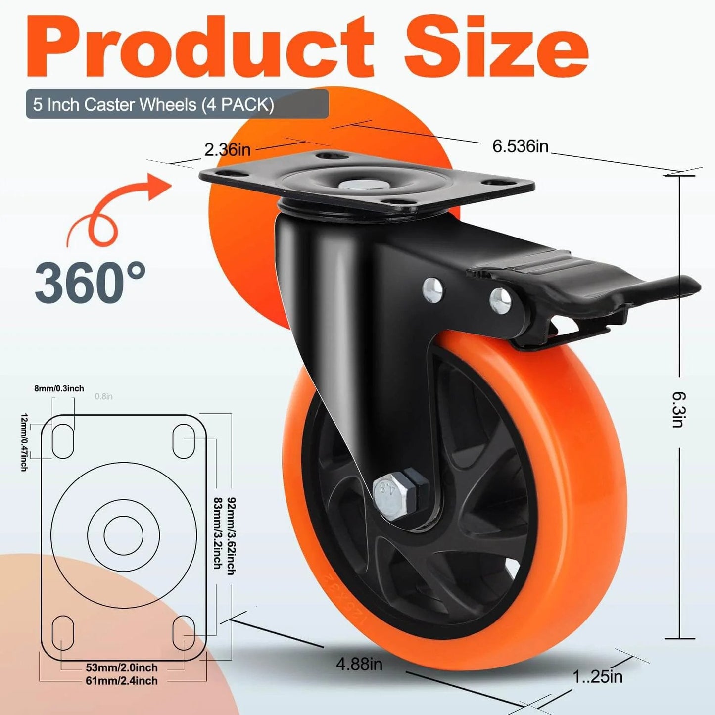 5 Inch Heavy Duty Caster Wheels Set of 4, Silent Swivel Casters with Brakes, dimensions and design details shown