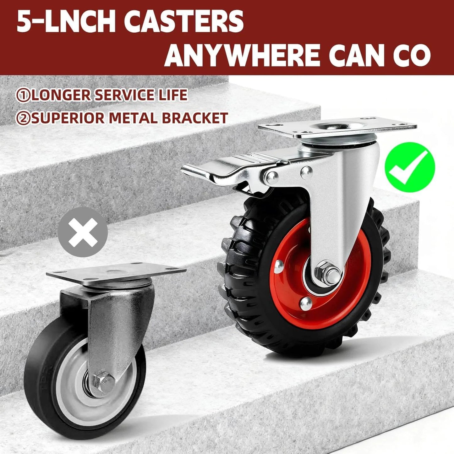 5 Inch Heavy Duty Caster Wheels with Dual Lock Safety Brake shown on stairs highlighting durability and superior metal bracket design.