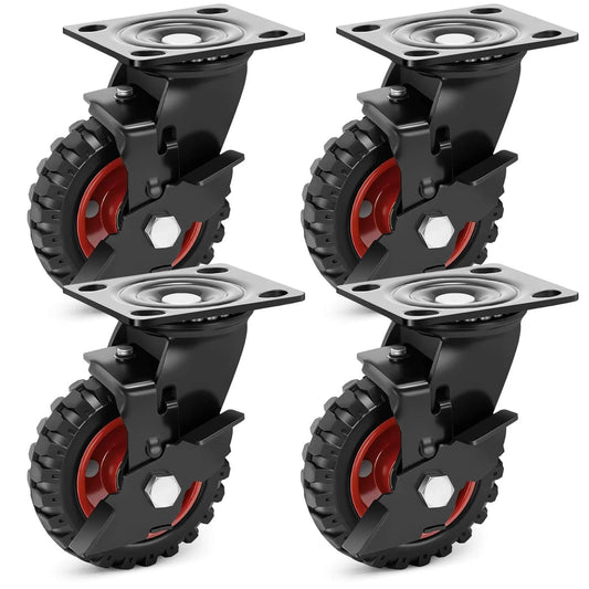 5 Inch Outdoor Heavy Duty Caster Wheels Set of 4 with Brakes, Large Rubber Swivel Casters 1080 lbs Capacity, knobby tread, steel core