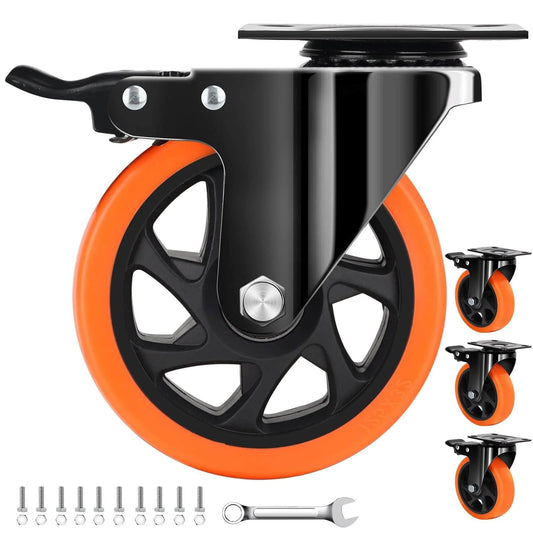 5 Inch Heavy Duty Caster Wheels Set of 4, Silent Swivel Casters with Brakes, Industrial Load Rated 2600 lbs Total, orange and black wheels