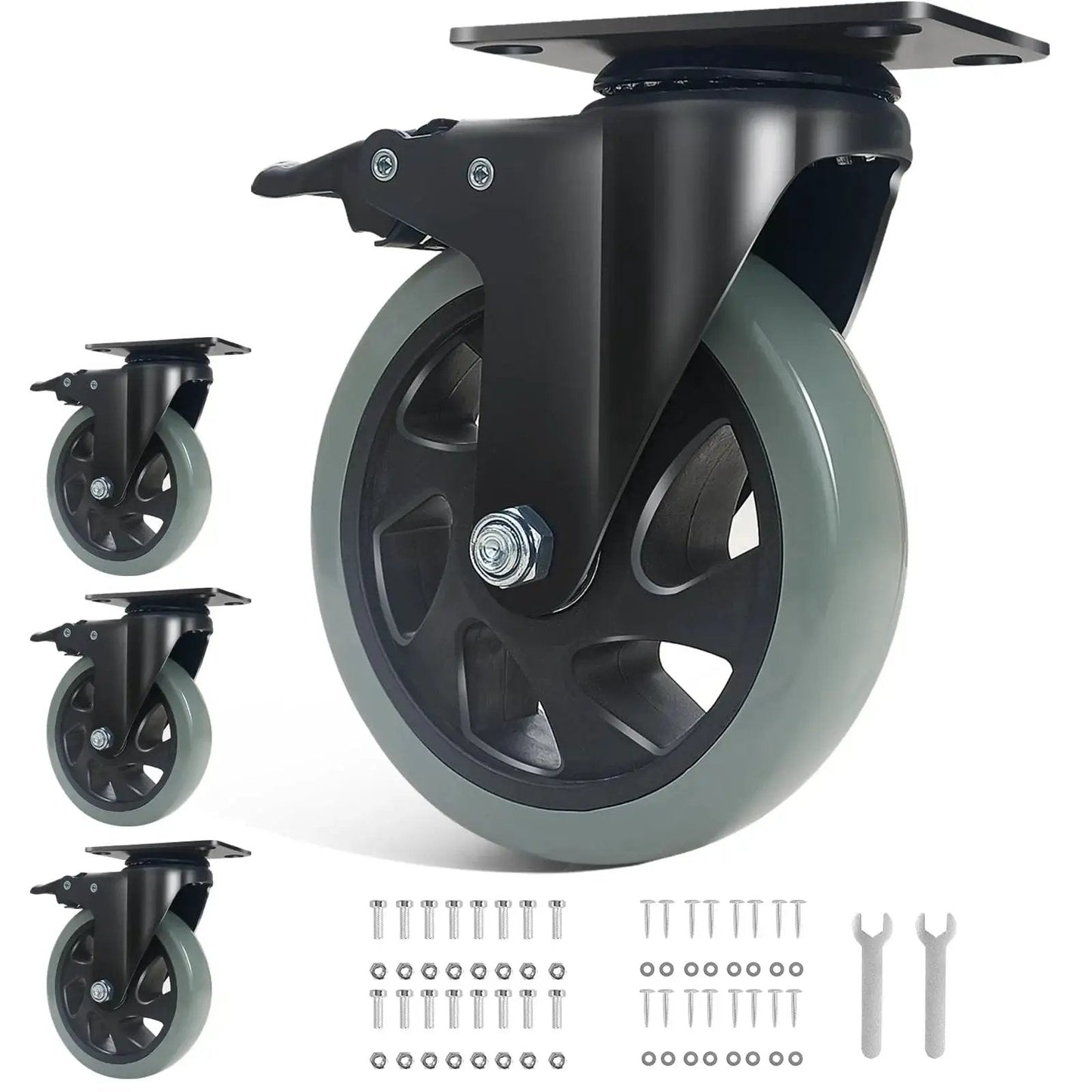 5 Inch Heavy Duty Caster Wheels Set Of 4 With Brakes, Silent Swivel Top Plate Locking Casters, Grey Polyurethane Casters
