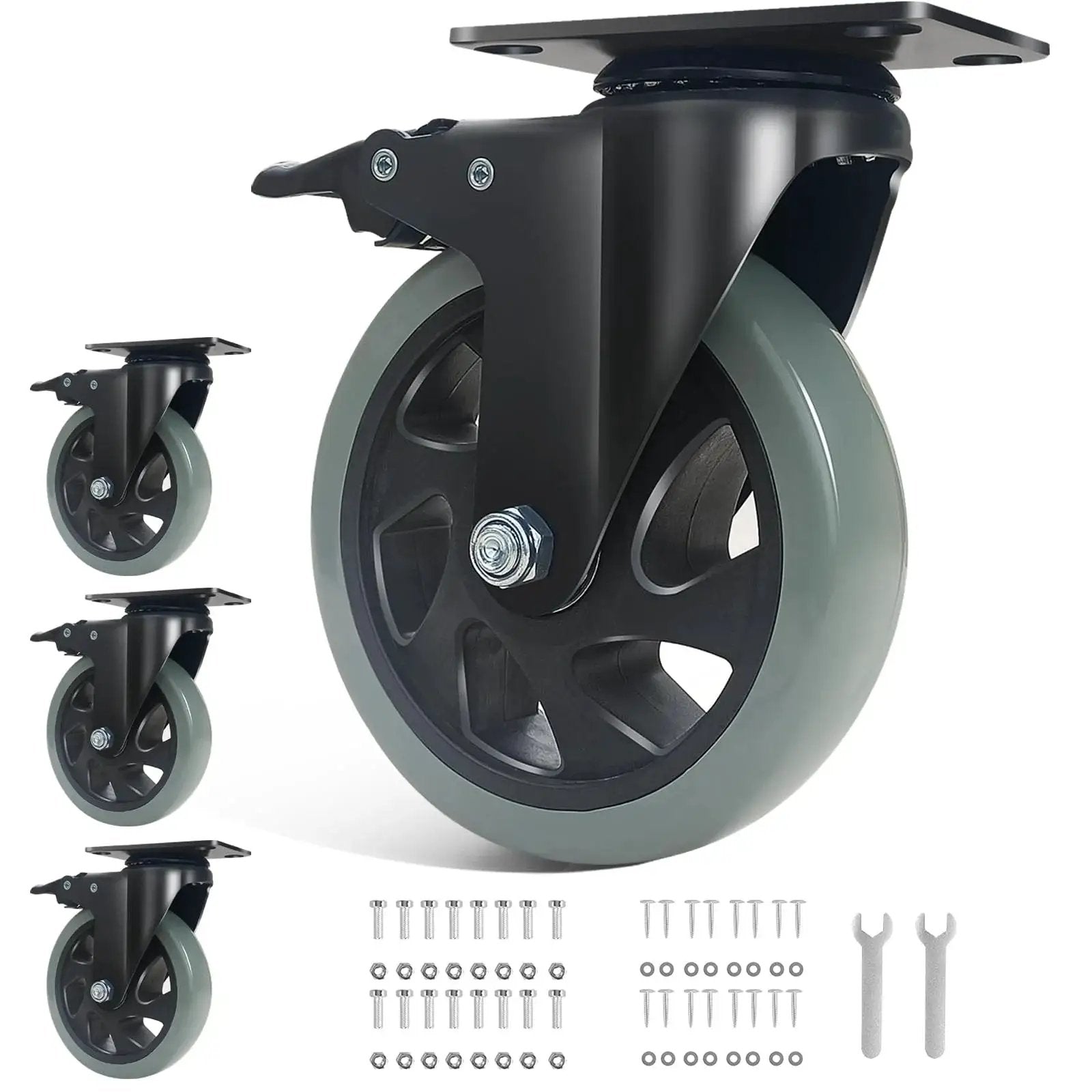 5 Inch Heavy Duty Caster Wheels Set Of 4 With Brakes, Silent Swivel Top Plate Locking Casters, Grey Polyurethane Casters