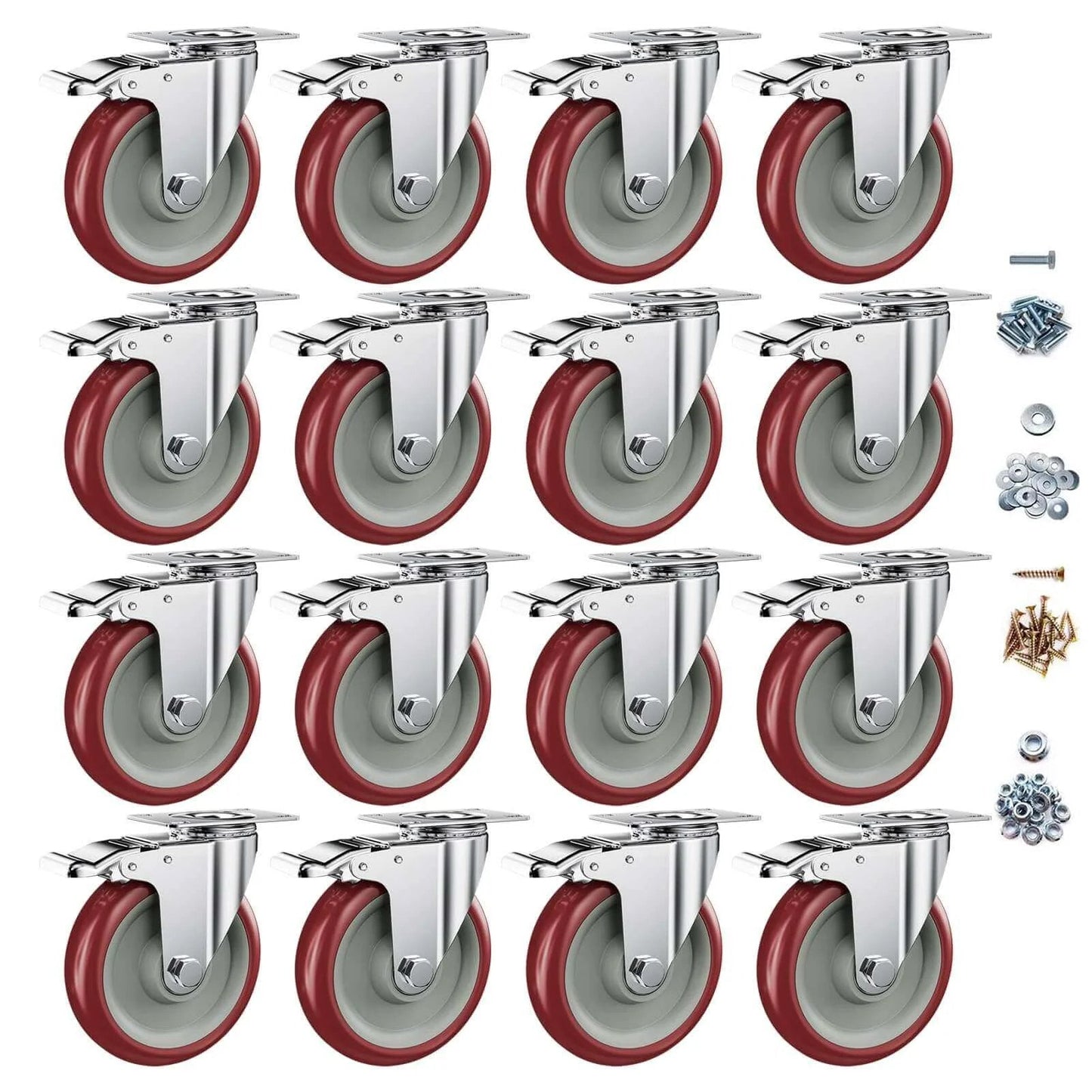 5 inch heavy duty casters with brakes set of 16, double ball bearing non marking plate mount casters