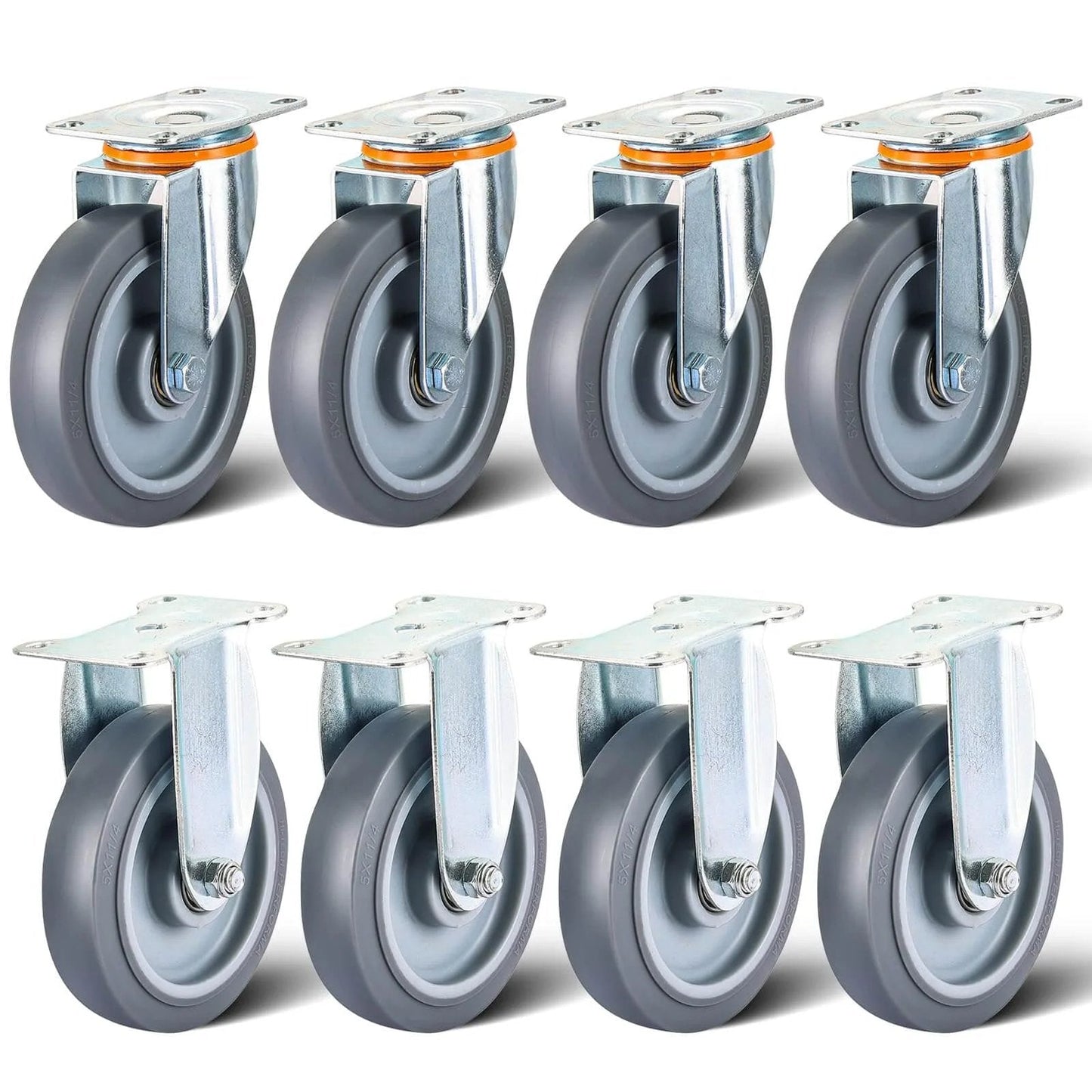 5 Inch Heavy Duty Caster Wheels Replacement Kit, 8 Pcs TPR Rubber Silent Casters with 4 Swivel and 4 Rigid Wheels displayed