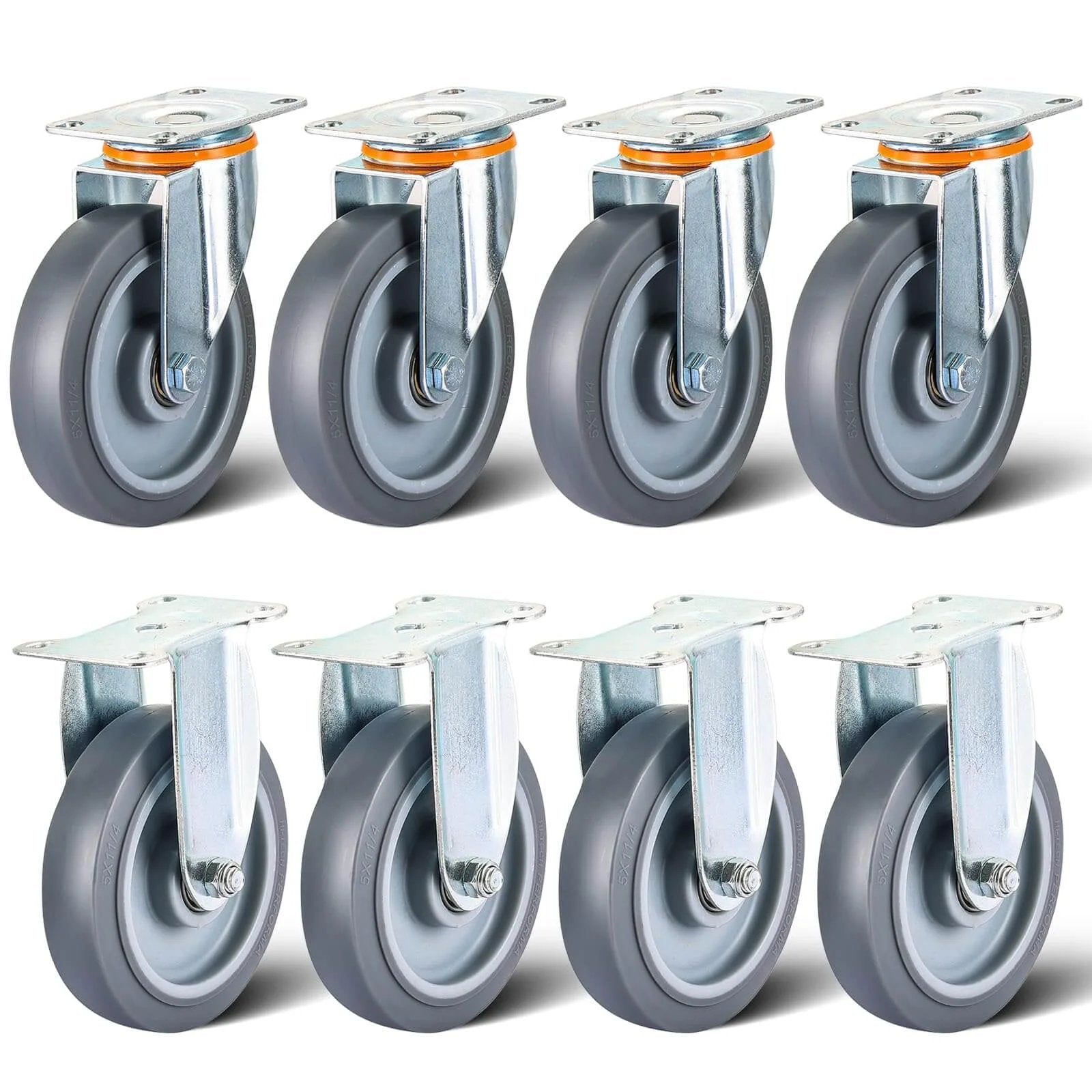 5 Inch Heavy Duty Caster Wheels Replacement Kit, 8 Pcs TPR Rubber Silent Casters with 4 Swivel and 4 Rigid Wheels displayed