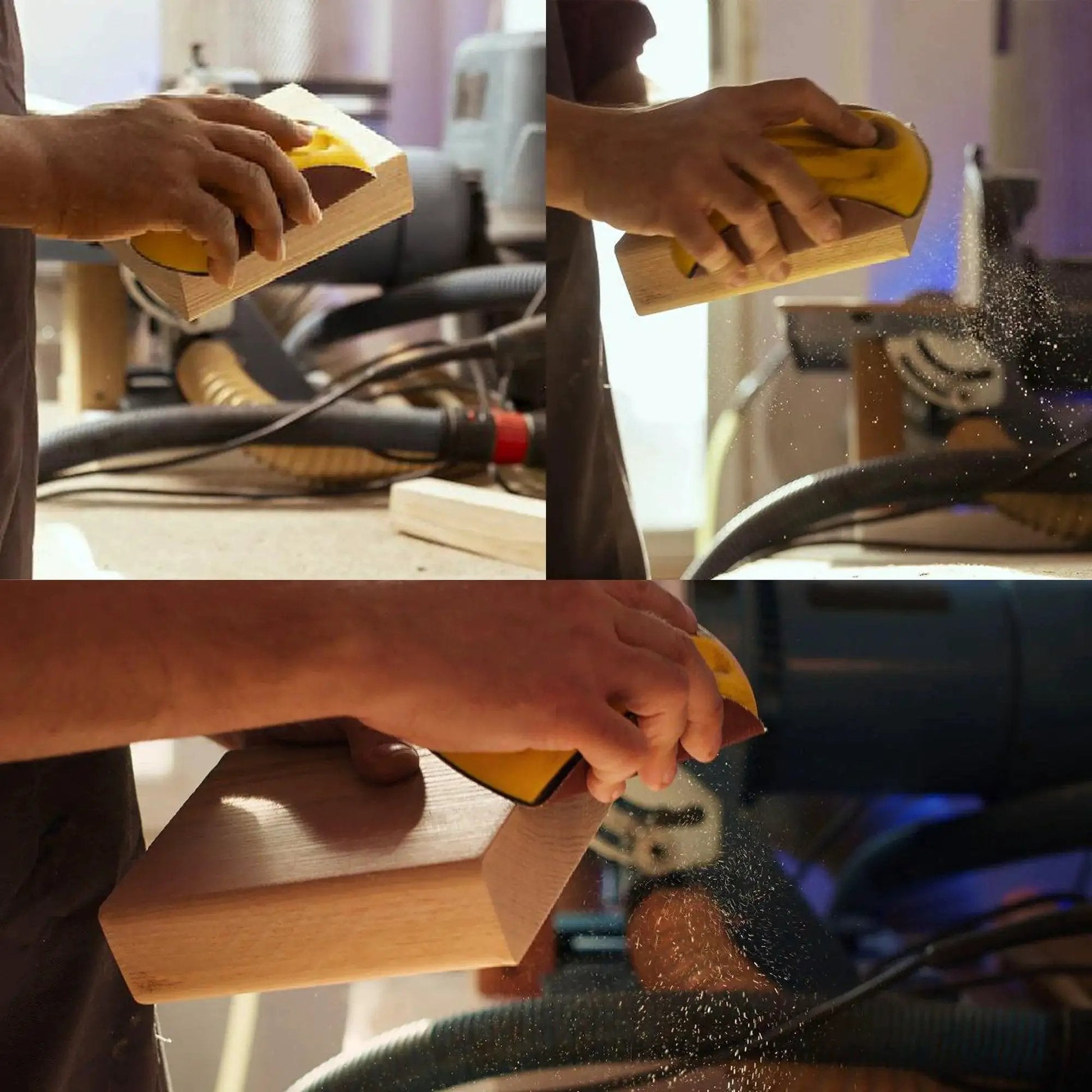 Person using 5 Inch Hook And Loop Sanding Discs Set 50 Pcs For Wet Dry Polishing on wood with hand block