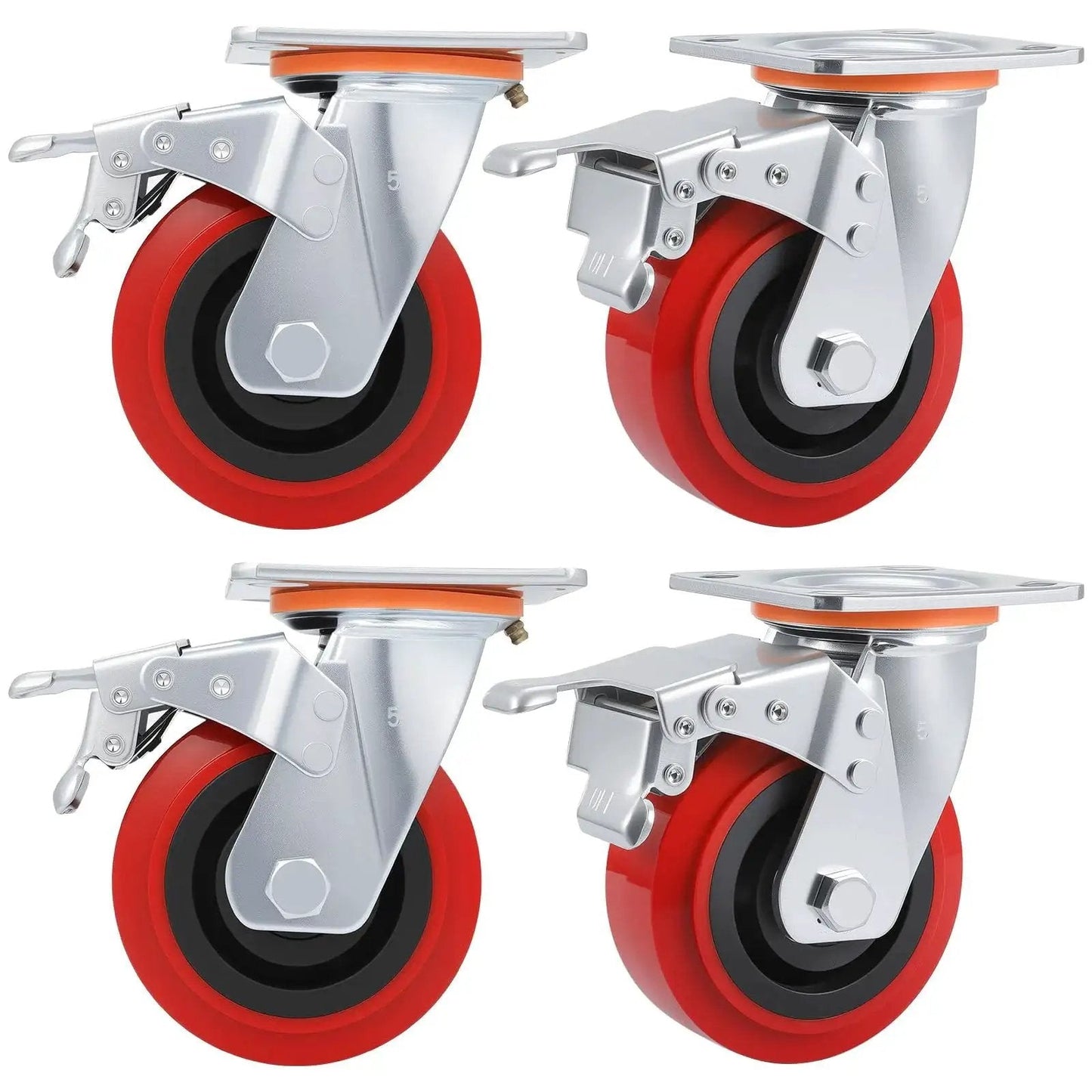 Heavy Duty 5 Inch Caster Wheels Set Of 4 With Polyurethane Surface TPE Casters And Swivel Brake Plate, 4 Brakes