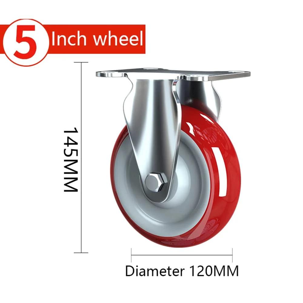 Heavy Duty Swivel and Rigid Caster Wheels with Brakes, 5 inch diameter, 145mm height, red industrial polyurethane casters