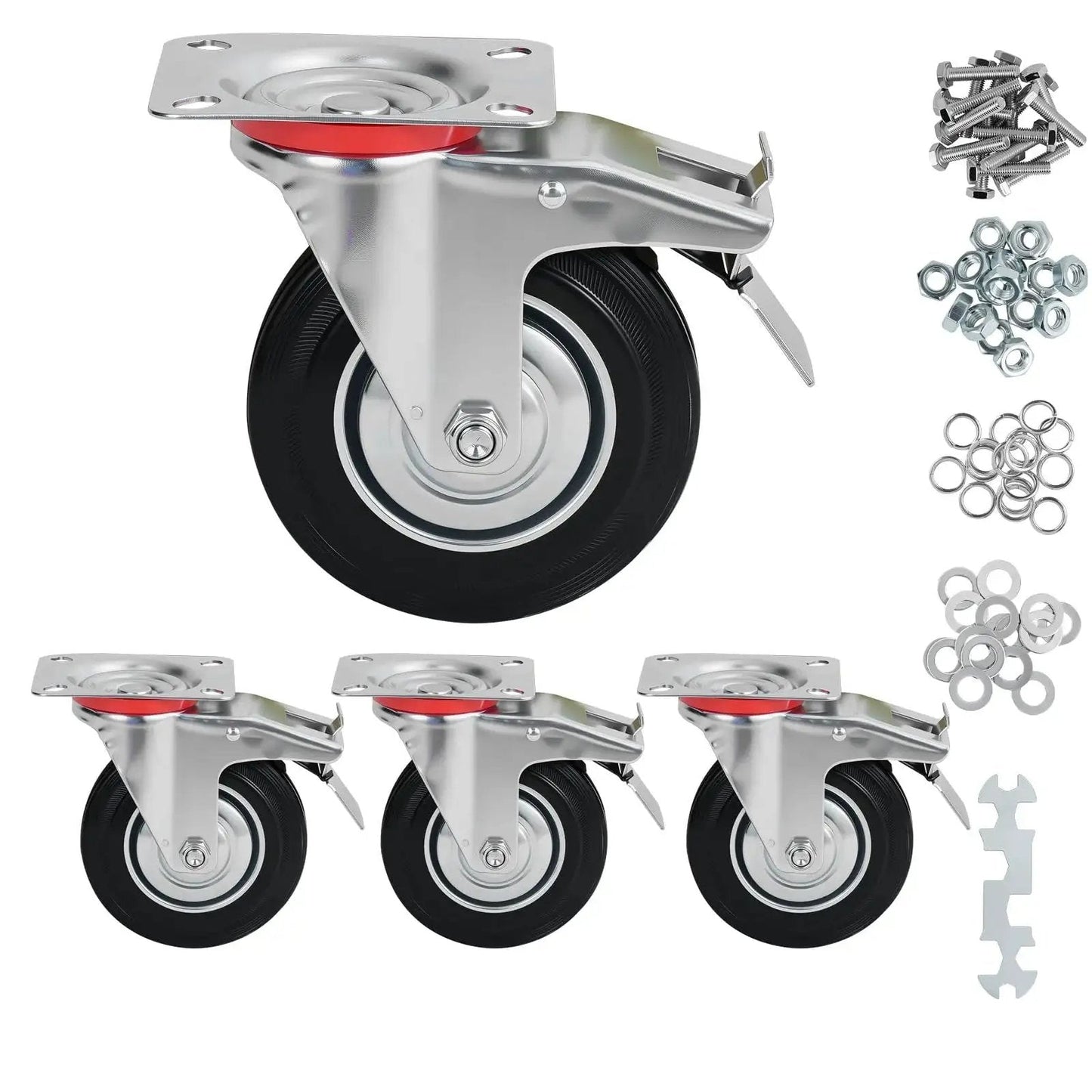 5 Inch Heavy Duty Caster Wheels Set Of 4 With Brakes 360 Degree Swivel Non Marking Polyurethane Rubber Casters For Cart And Workbench Locking Castors, screws and washers visible