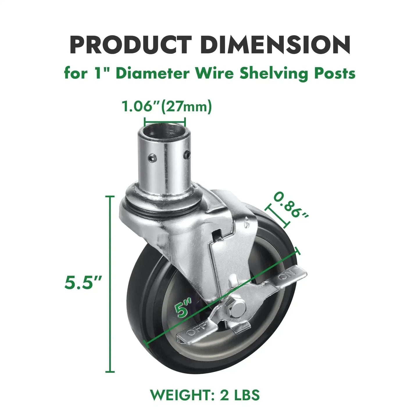 Diagram of five inch universal wire shelving swivel caster with polyurethane wheel and top lock brake for industrial storage.