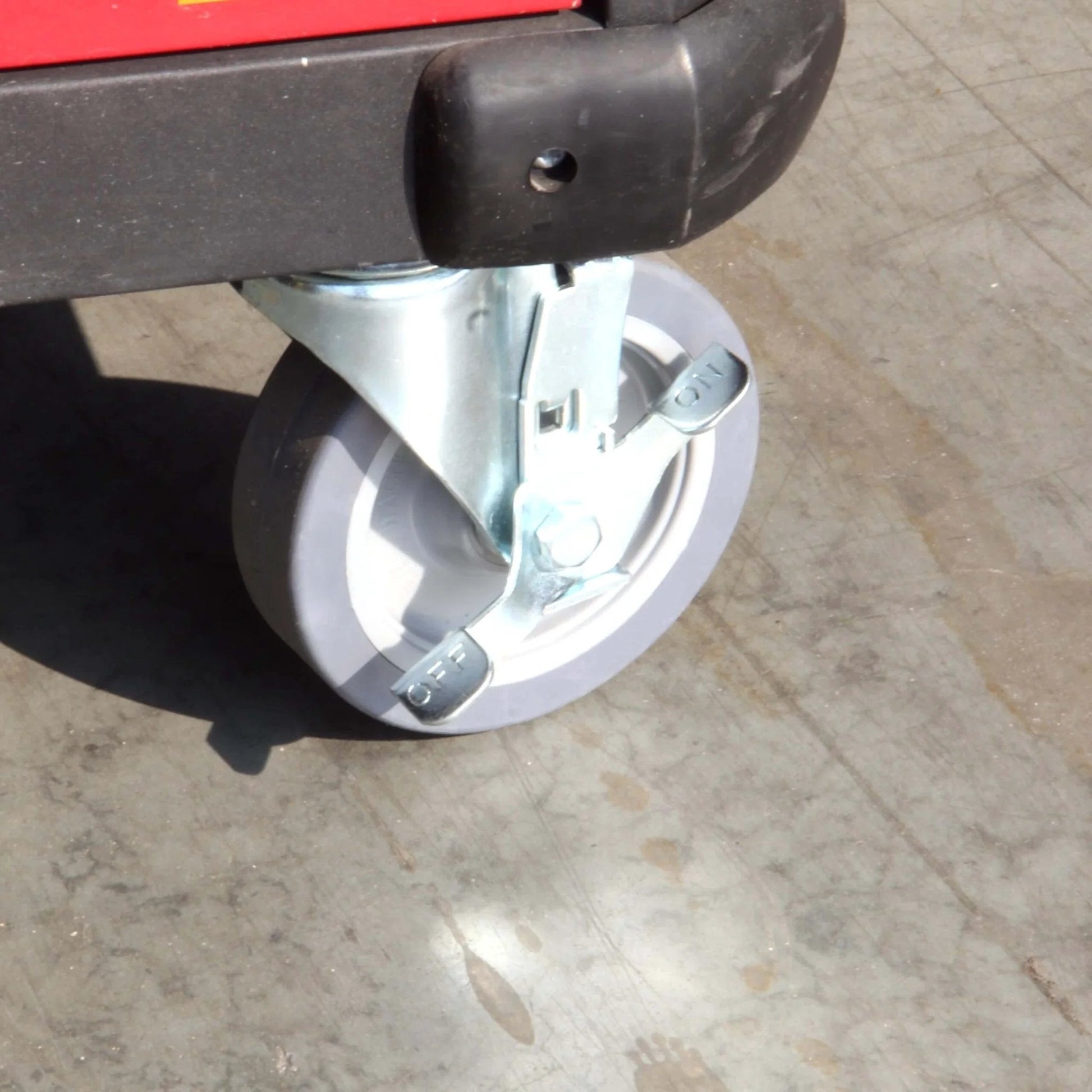 Close-up of 5 Inch Swivel Caster Wheels Set of 4 with Brakes, Heavy Duty Plate Polyurethane Castor Wheel attached to a cart