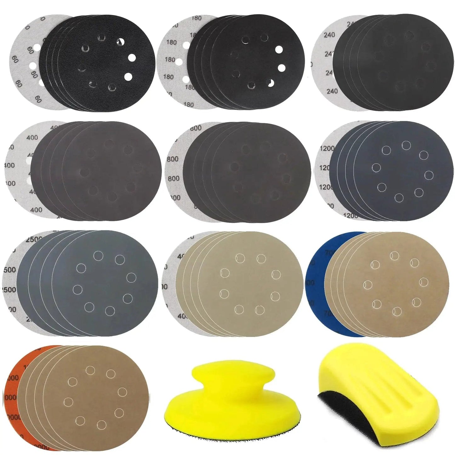5 Inch Hook And Loop Sanding Discs Set 50 Pcs For Wet Dry Polishing with 10 different grits and two yellow sanding blocks.