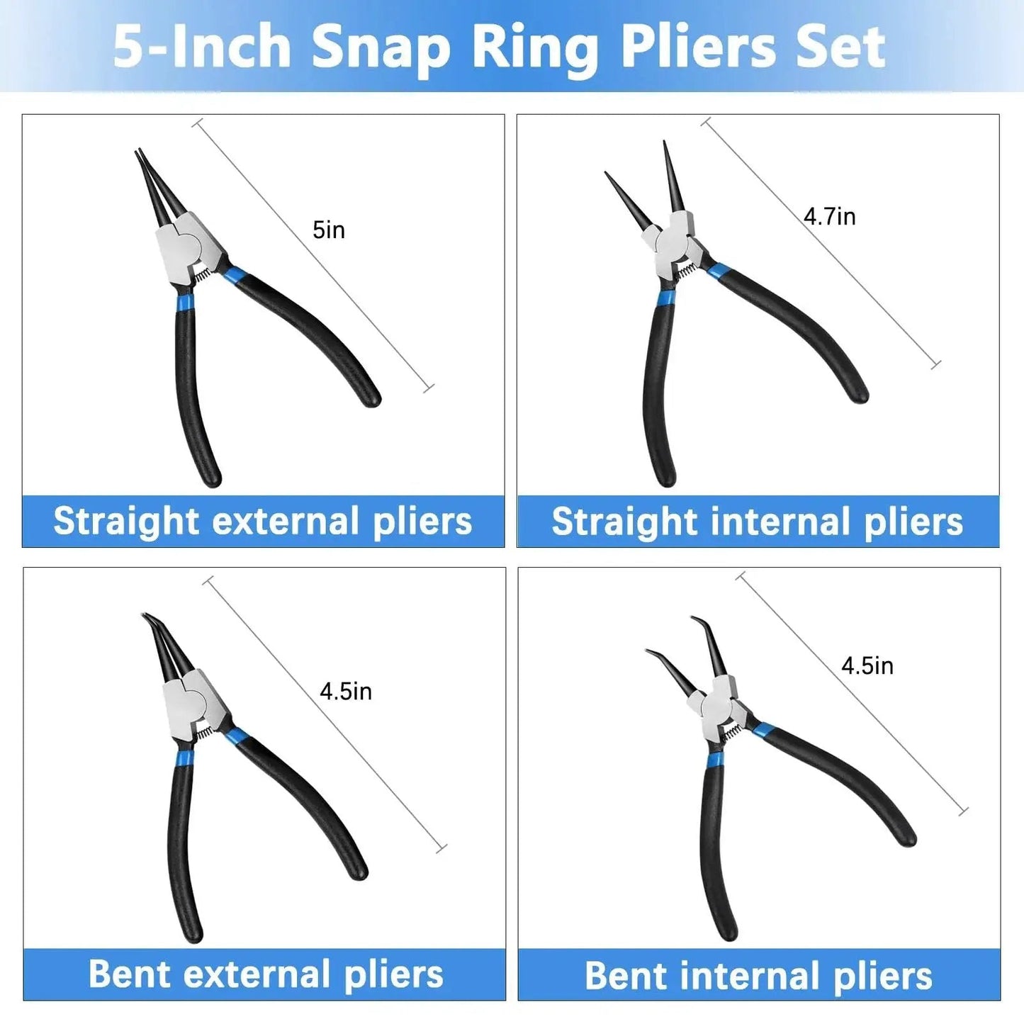 5-Inch Snap Ring Pliers Set showing straight and bent internal and external pliers for 850 Piece C Clip And Snap Ring Assortment Kit In 304 Stainless Steel External Retaining Rings M4 To M28 Plus E Clip Set 1.5mm To 15mm And 4 Piece 5 Inch Snap Ring Pliers Set For Heavy Duty Mechanical Maintenance