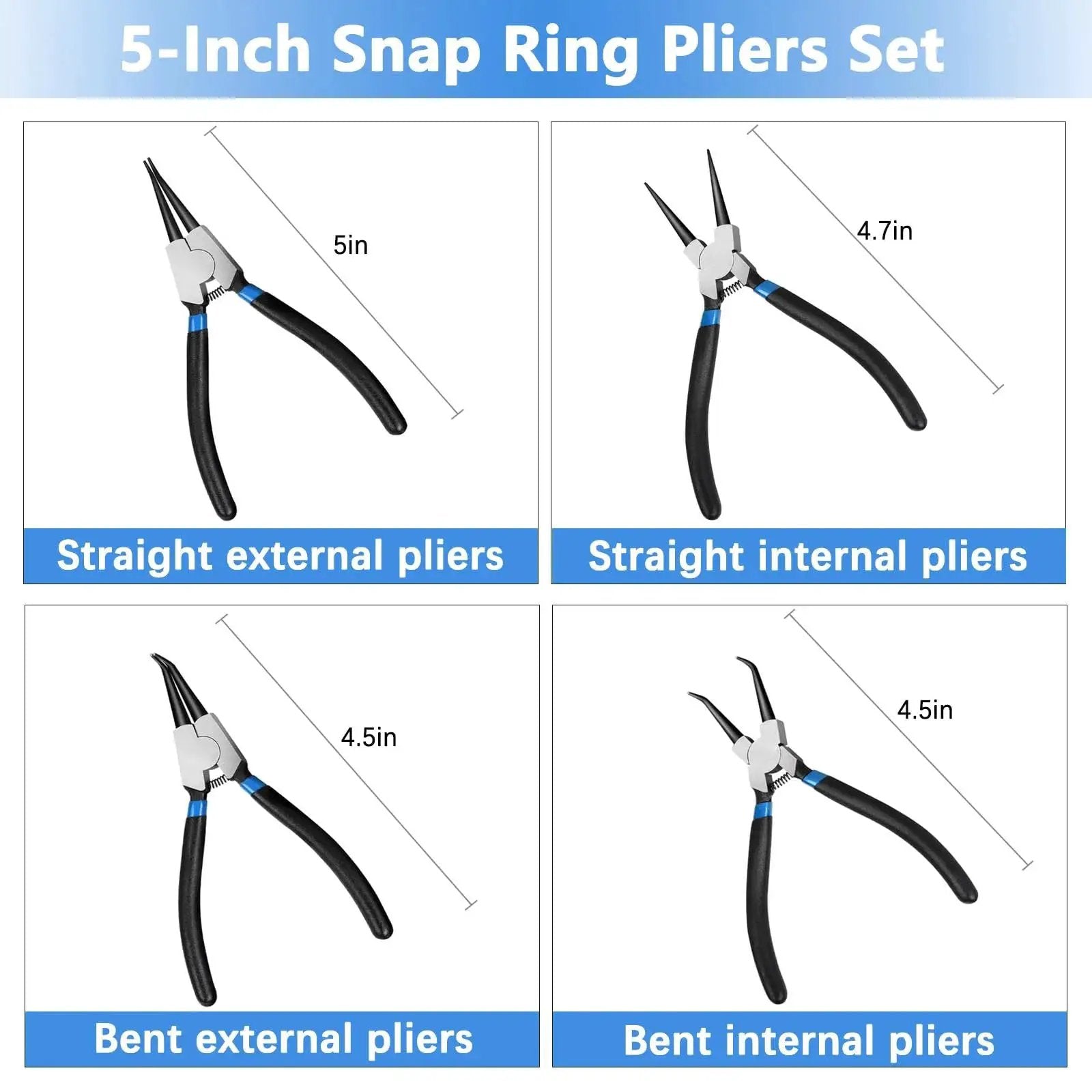 5-Inch Snap Ring Pliers Set showing straight and bent internal and external pliers for 850 Piece C Clip And Snap Ring Assortment Kit In 304 Stainless Steel External Retaining Rings M4 To M28 Plus E Clip Set 1.5mm To 15mm And 4 Piece 5 Inch Snap Ring Pliers Set For Heavy Duty Mechanical Maintenance