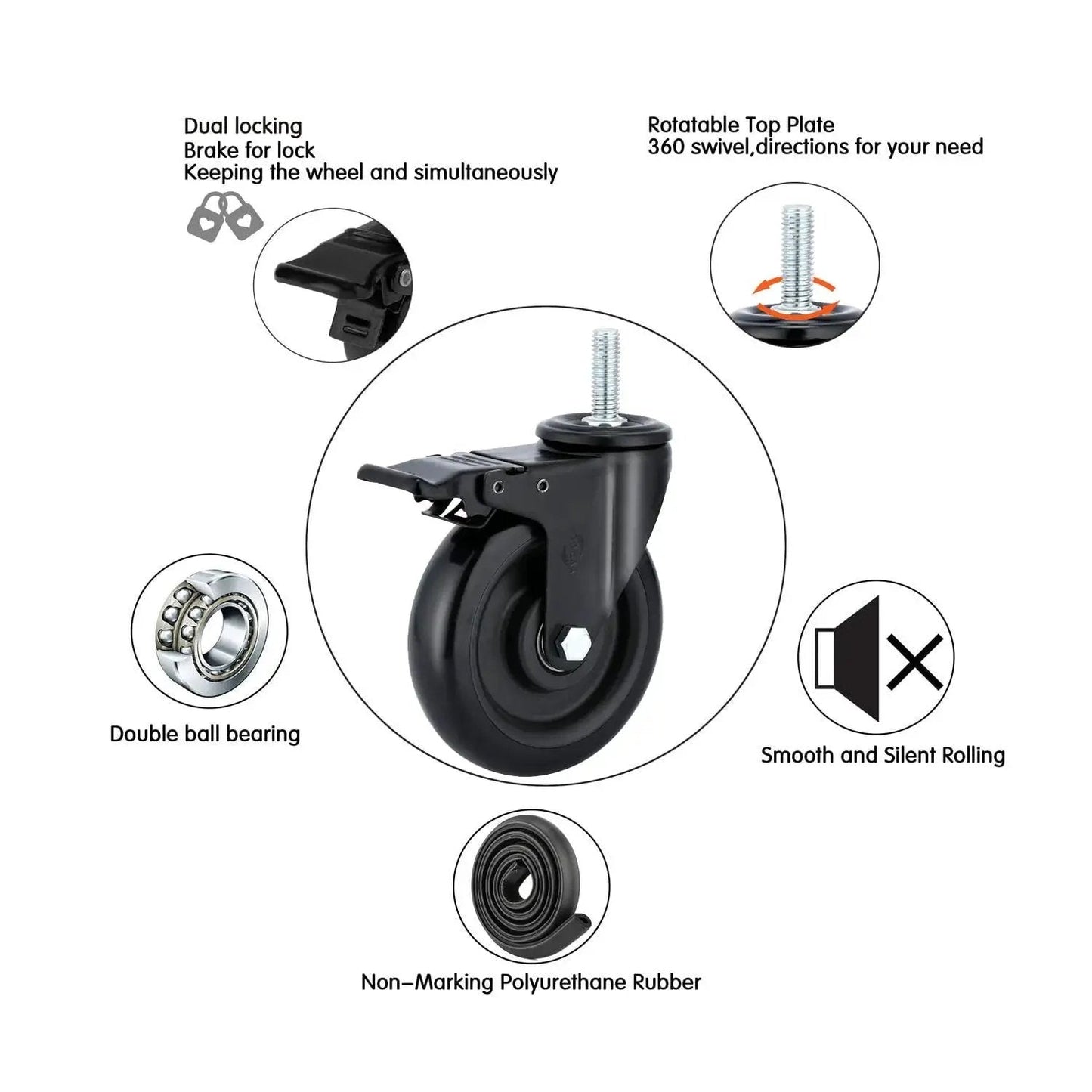 Five Inch Stem Caster Wheels With Dual Locking Brakes Heavy Duty 1500 Pound Capacity with double ball bearing and non-marking rubber