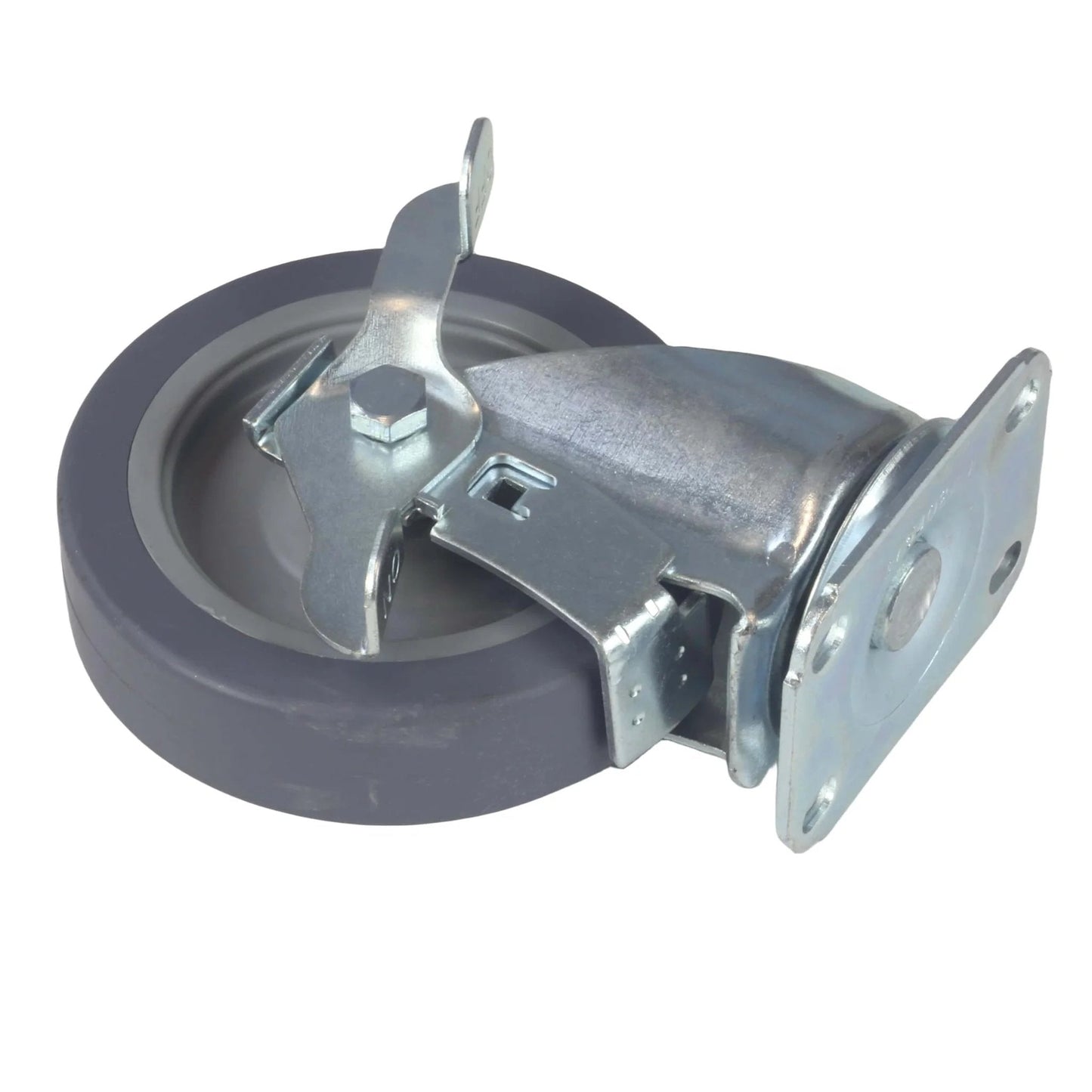 Close-up of a 5 Inch Swivel Caster Wheel with Brake, Heavy Duty Plate Polyurethane Castor, Smooth Quiet Rolling, Floor Safe Design.