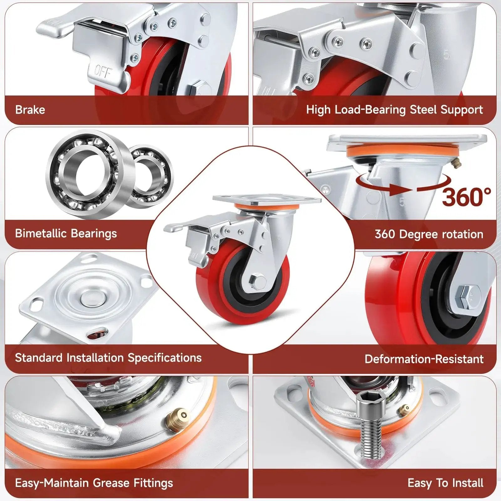 Heavy Duty 5 Inch Caster Wheels Set Of 4 With Polyurethane Surface TPE Casters And Swivel Brake Plate, features