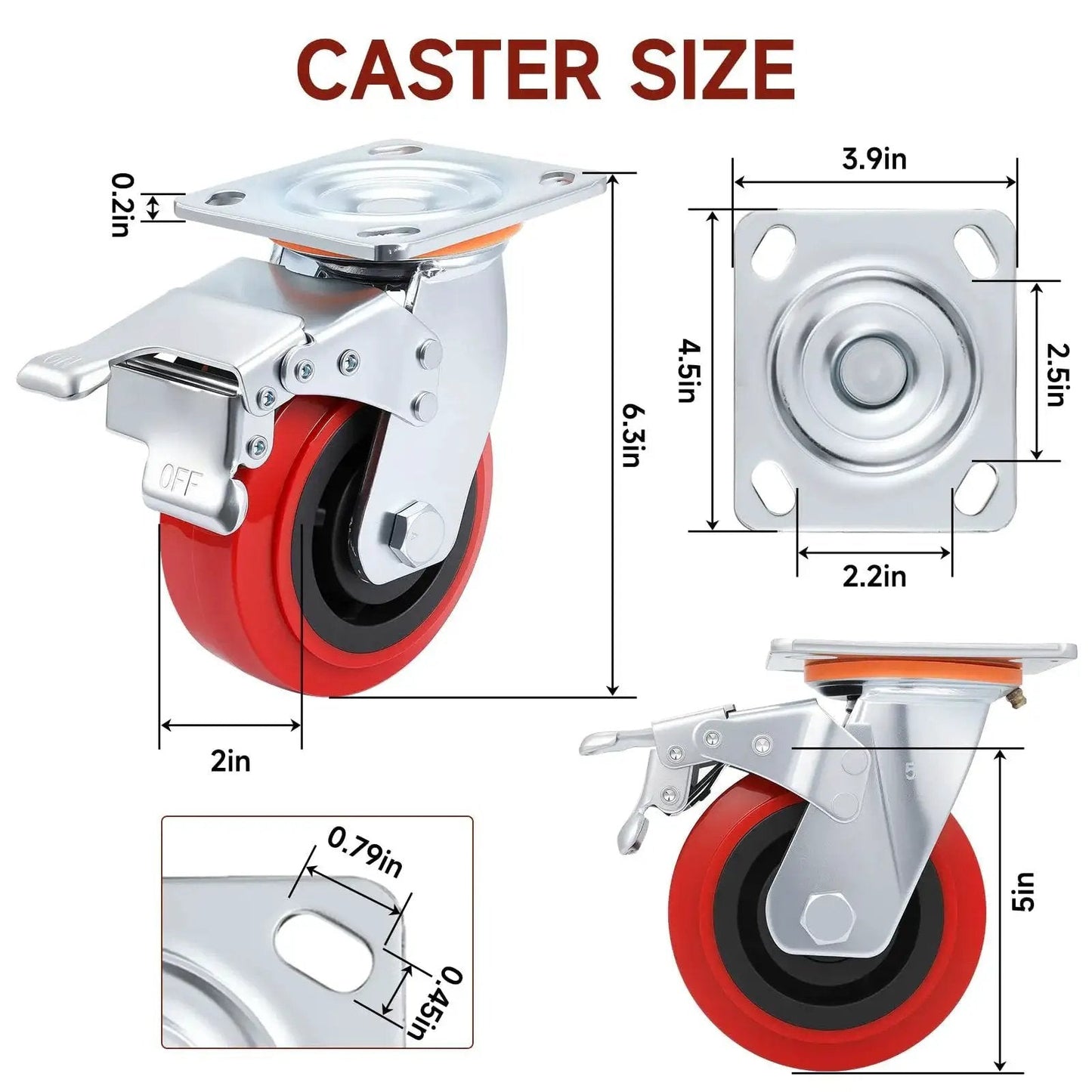 Heavy Duty 5 Inch Caster Wheels Set Of 4 With Polyurethane Surface TPE Casters And Swivel Brake Plate size dimensions