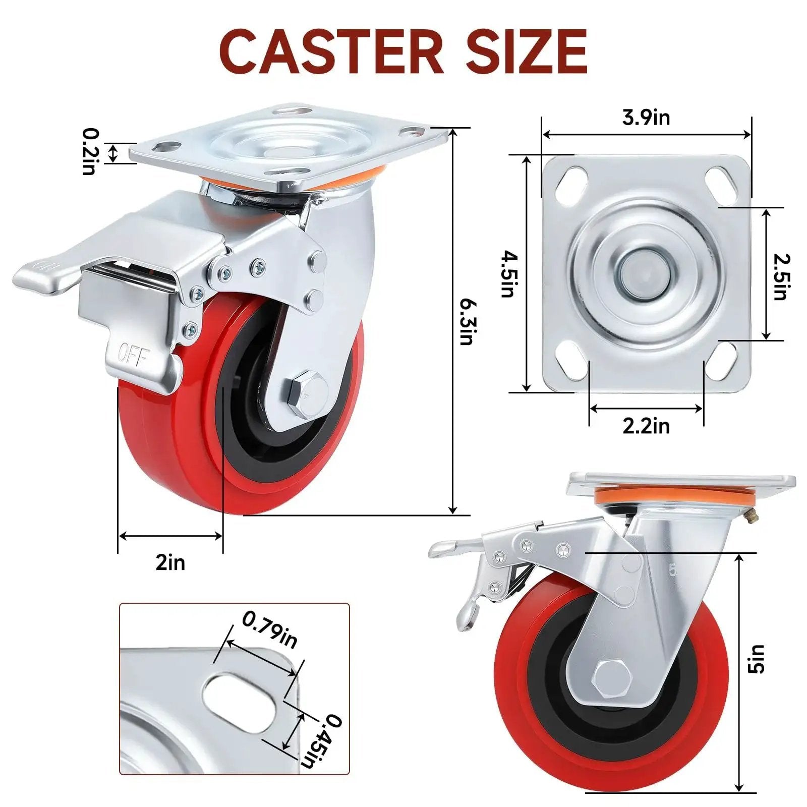 Heavy Duty 5 Inch Caster Wheels Set Of 4 With Polyurethane Surface TPE Casters And Swivel Brake Plate size dimensions