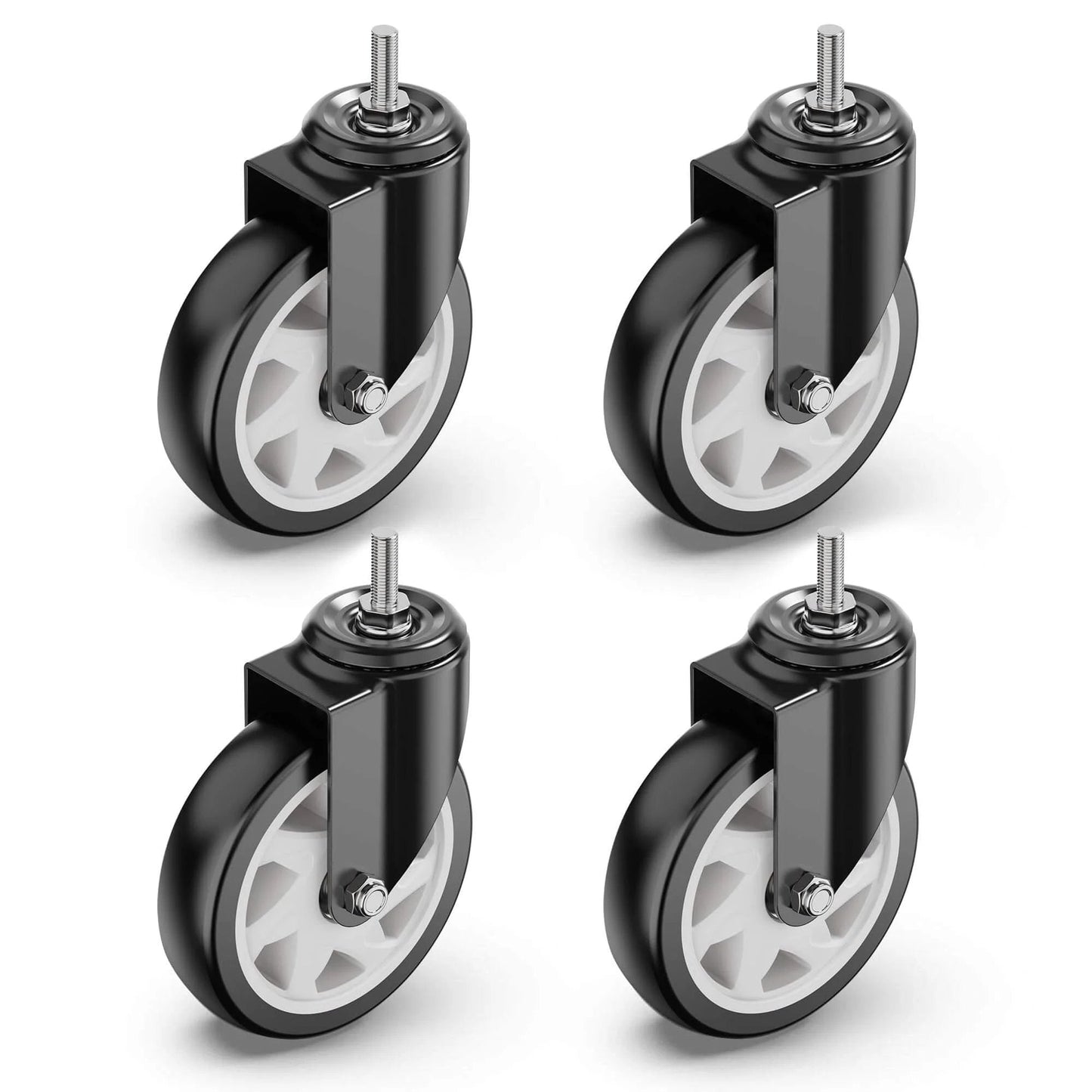 5 Inch Caster Wheels No Brake Stem Casters Set of 4 Heavy Duty Swivel Castors with 3/8 Inch 16 x 1 Threaded Stem Steel Housing PVC Wheels Black