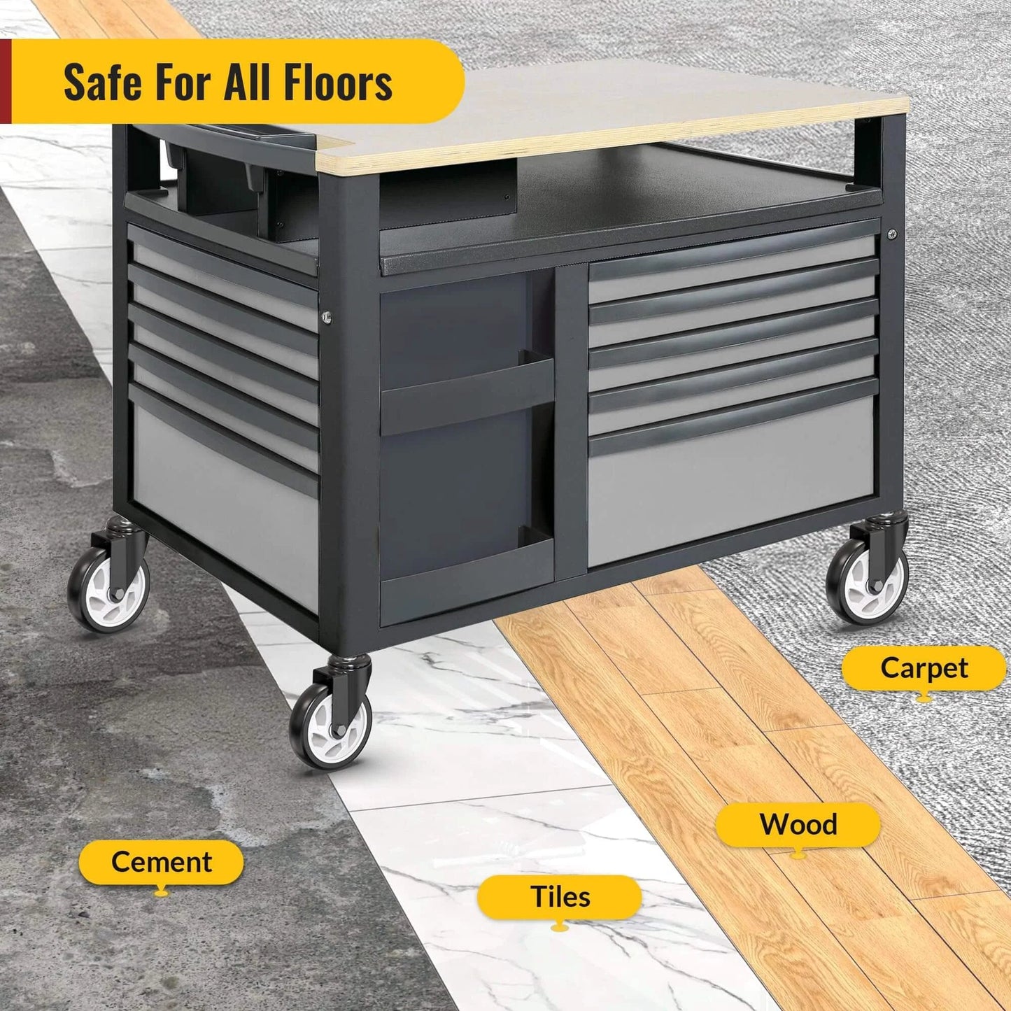Tool cart with 5 Inch Caster Wheels No Brake Stem Casters Set of 4 Heavy Duty Swivel Castors shown on various floor types