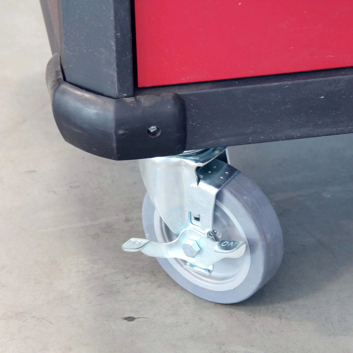 5 Inch Swivel Caster Wheel with Brake installed on a cart, showing heavy duty plate and polyurethane material for quiet rolling.