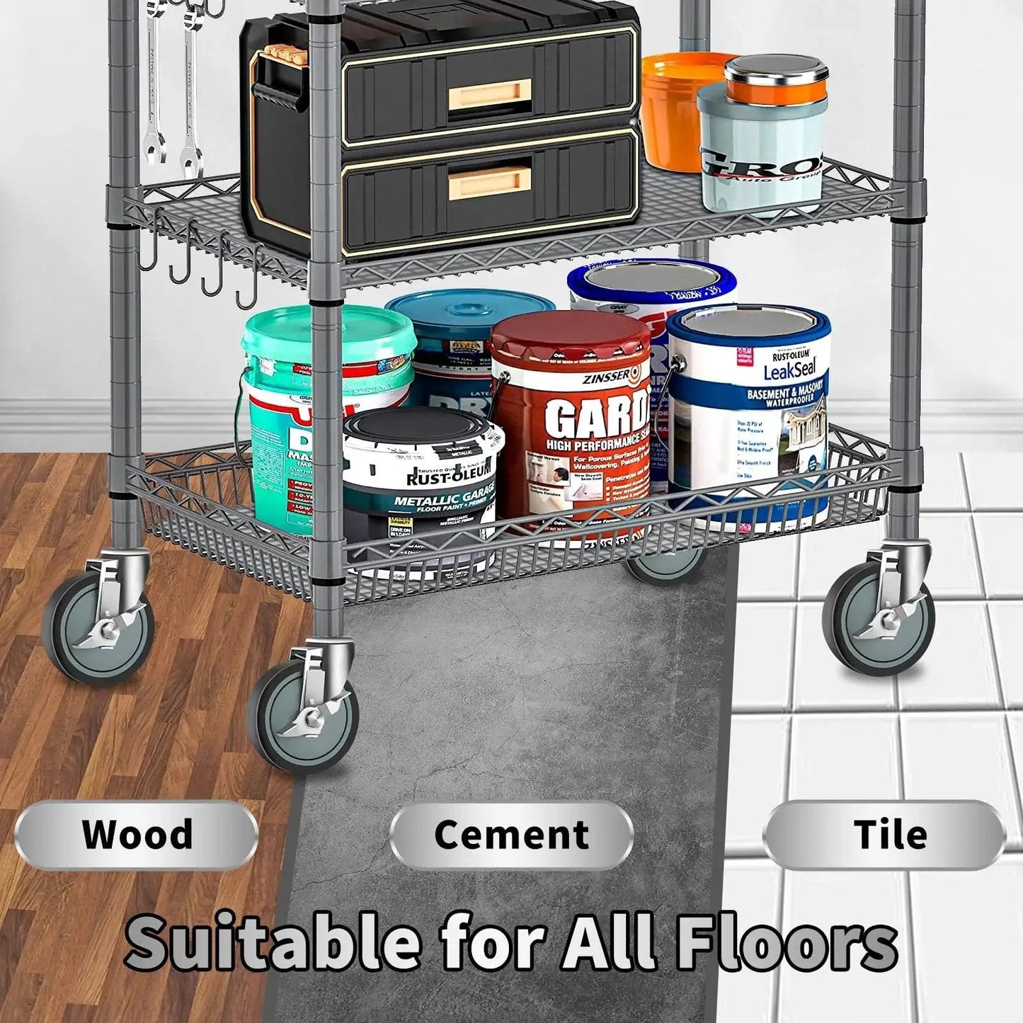 5 Inch Stem Casters For Wire Shelving Heavy Duty Swivel Wheels With Brakes Set Of 4 350 Lb Per Caster And 1400 Lb Total Capacity Thermoplastic Rubber Wheels Easy Installation Scaffold Wheel Replacement shown on a wire shelving rack with paint cans and tools, suitable for all floor types.