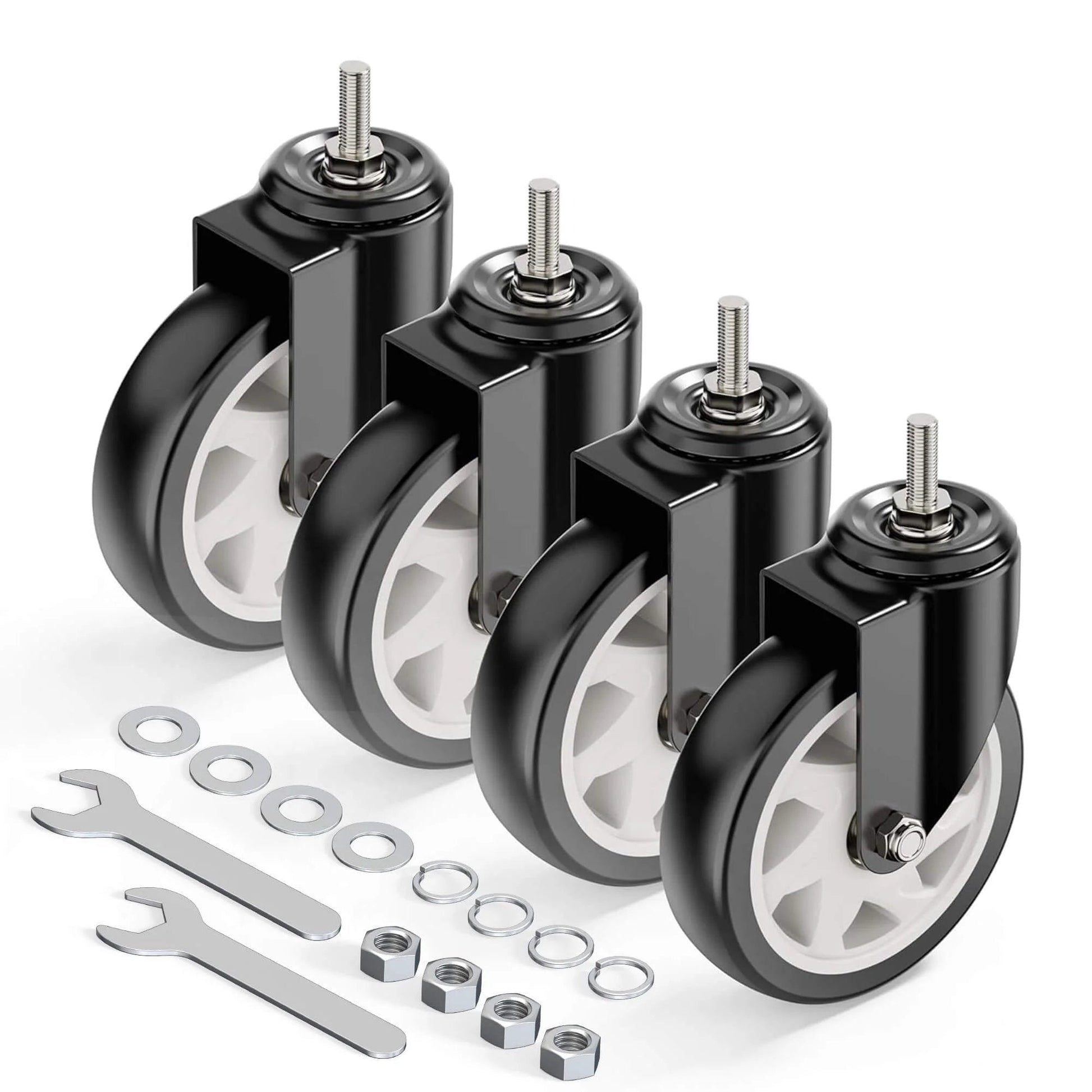 5 Inch Caster Wheels No Brake Stem Casters Set of 4 Heavy Duty Swivel Castors with 3/8 Inch 16 x 1 Threaded Stem Steel Housing PVC Wheels Black