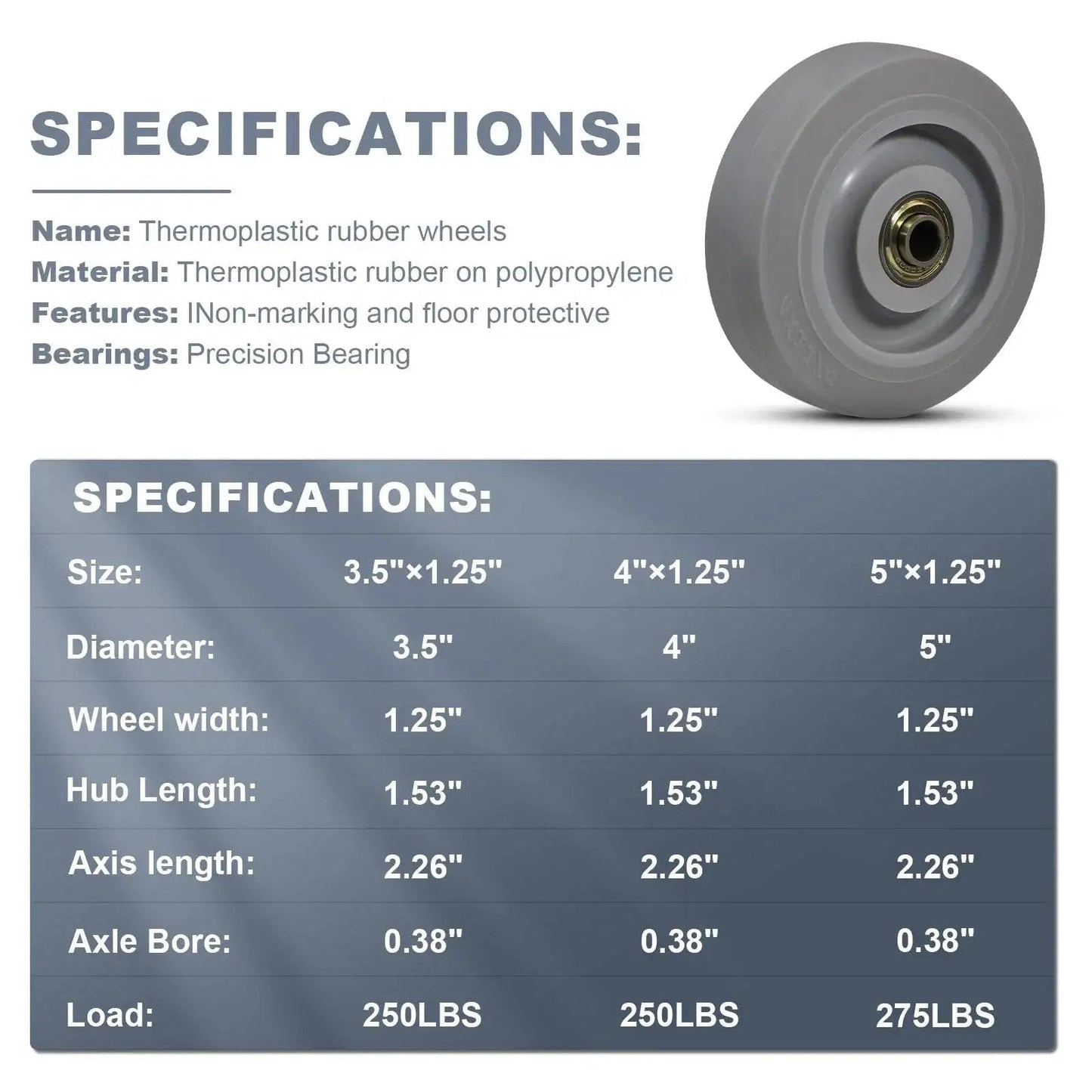 Specifications for 5 Inch Thermoplastic Rubber Caster Wheels Set Of Four With Heavy Duty Precision Bearings Non Marking Floor Friendly