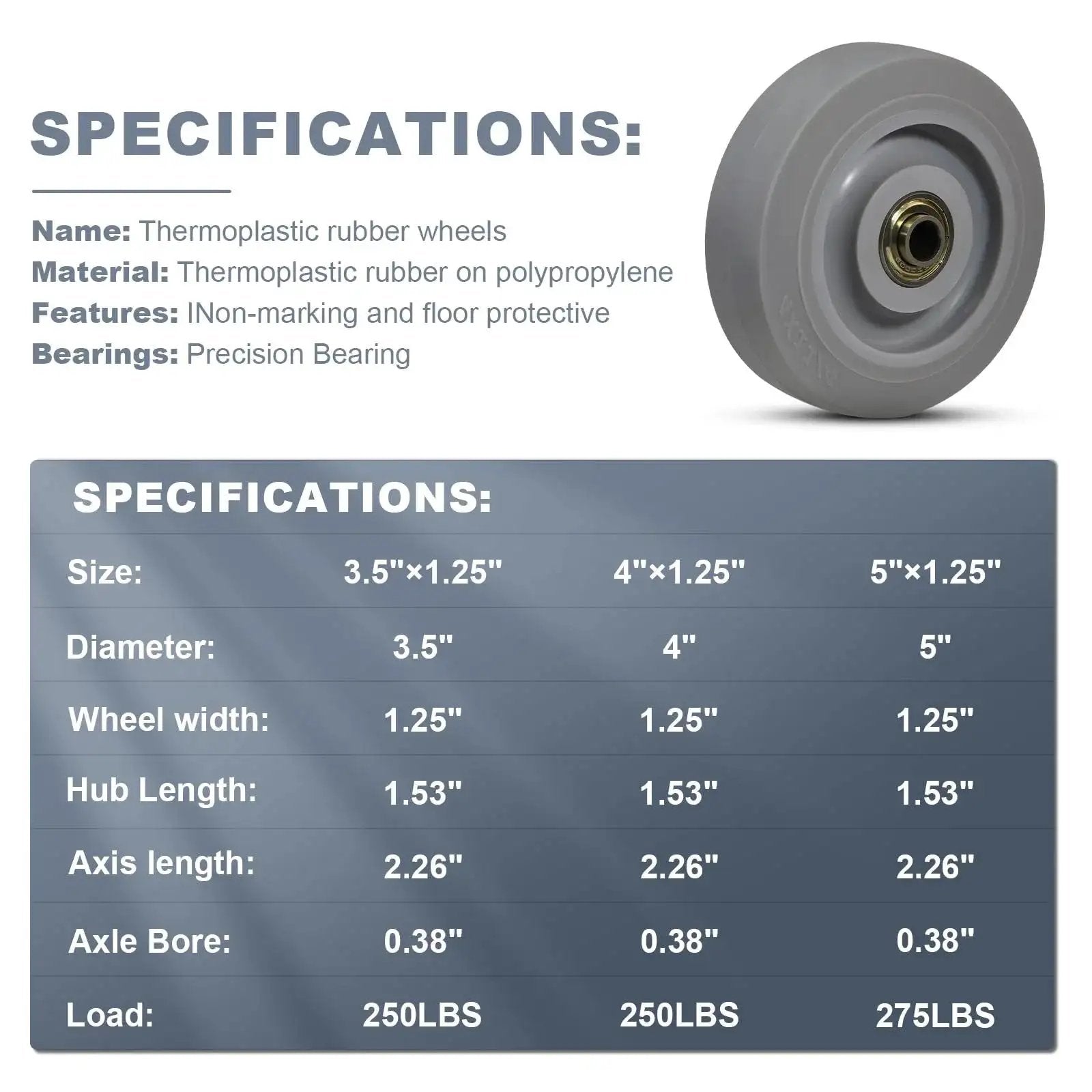 Specifications for 5 Inch Thermoplastic Rubber Caster Wheels Set Of Four With Heavy Duty Precision Bearings Non Marking Floor Friendly