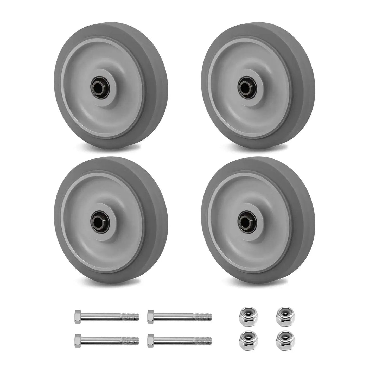 4-pack 5 inch thermoplastic rubber caster wheels with heavy duty precision bearings, non-marking, floor-friendly, for industrial carts.
