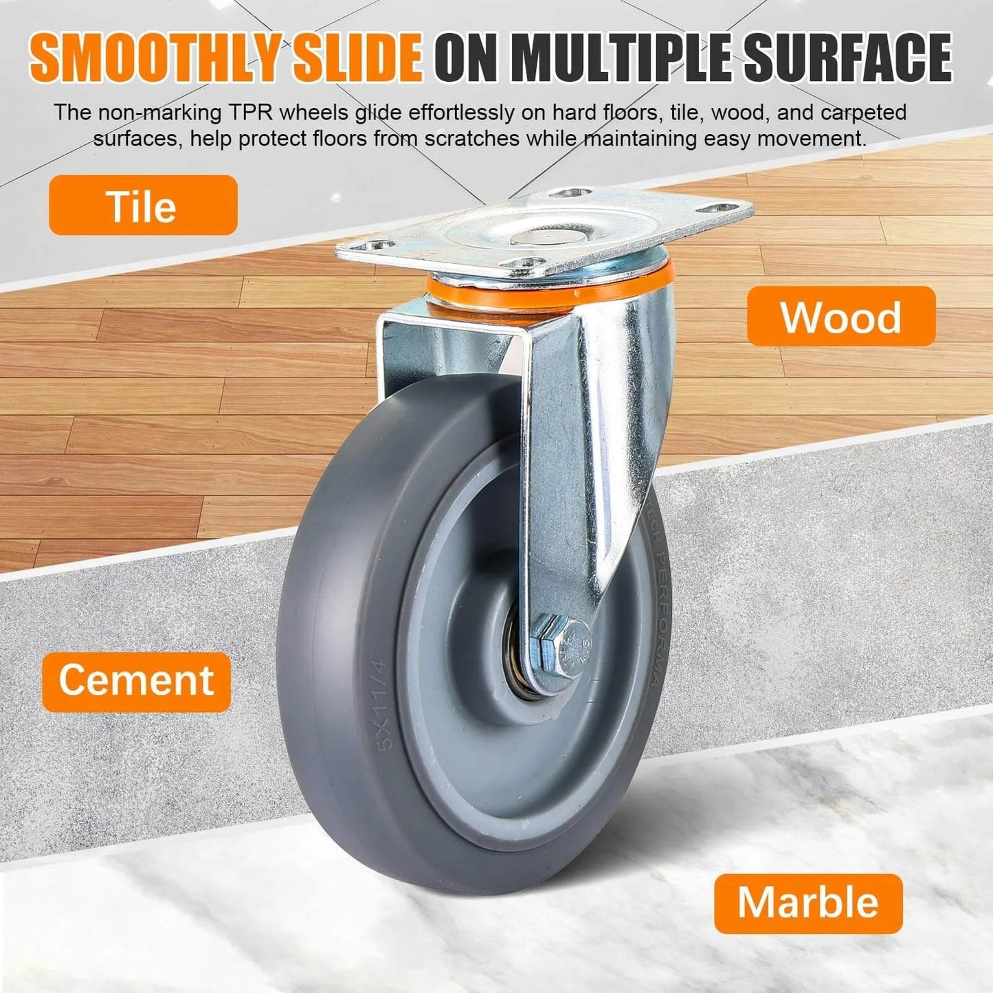 5 Inch Heavy Duty Caster Wheels Replacement Kit, TPR rubber silent caster on various surfaces like tile, wood, cement, marble