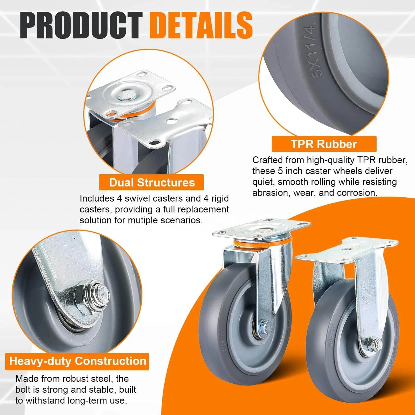 5 Inch Heavy Duty Caster Wheels Replacement Kit, 8 Pcs TPR Rubber Silent Casters with 4 Swivel and 4 Rigid Wheels