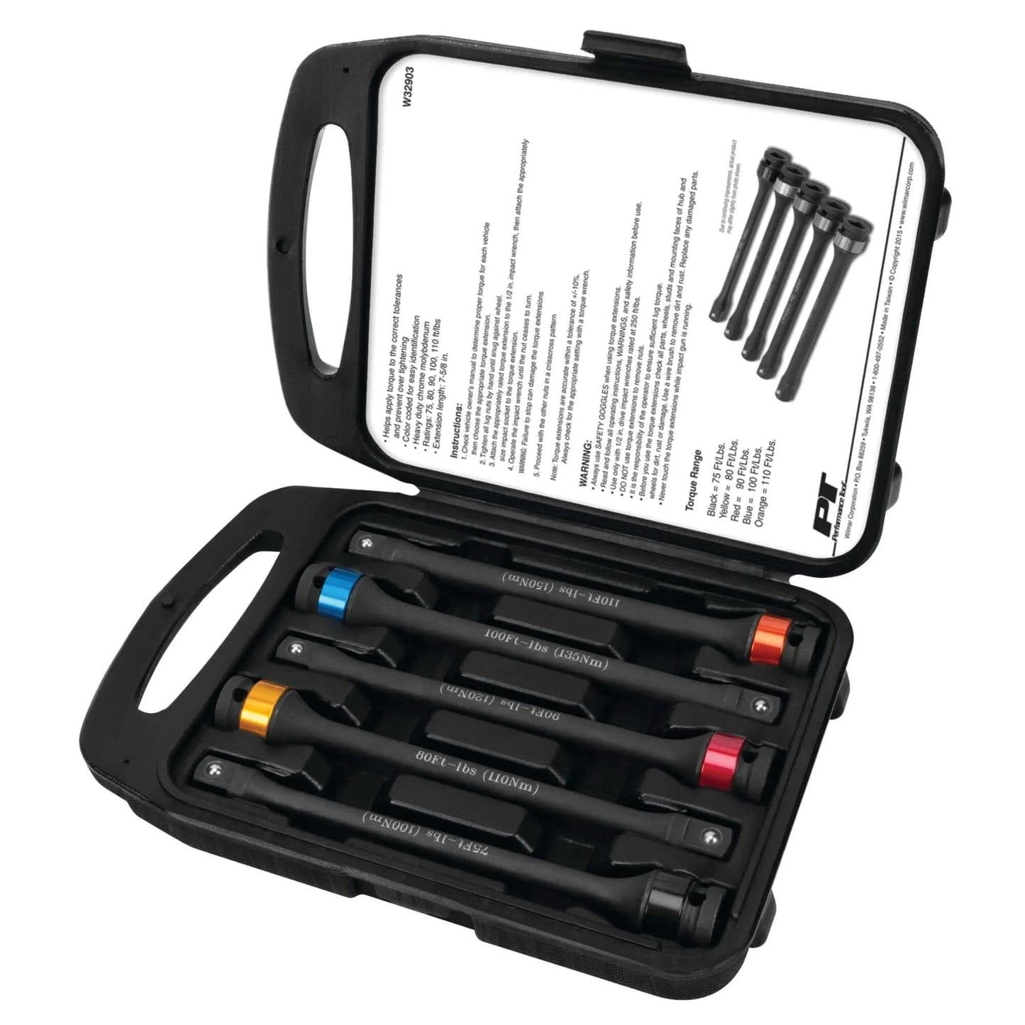 Open case of 5-Piece Torque Limiting Extension Set with color-coded extensions ranging from 75 to 110 ft-lbs, model W32903.