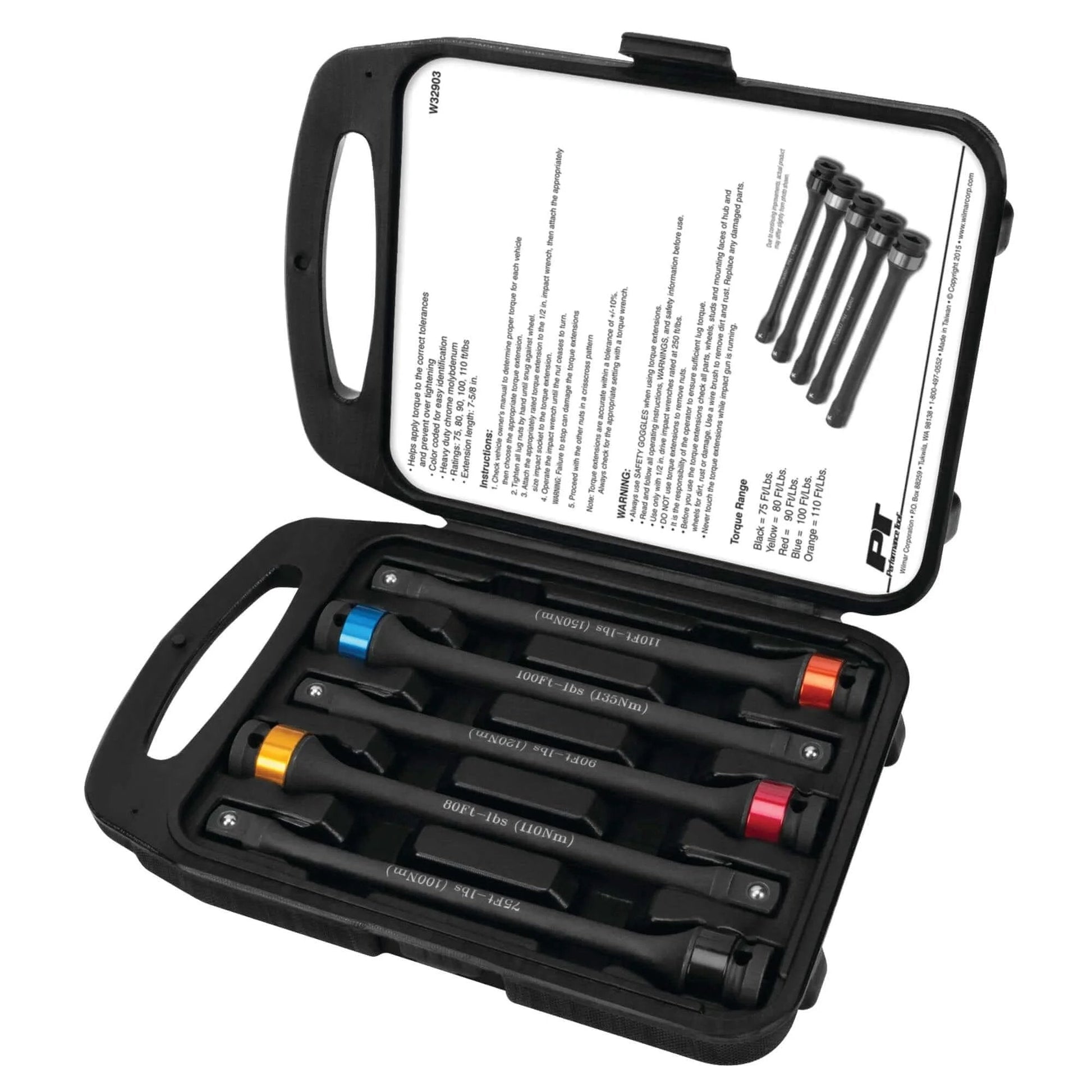 Open case of 5-Piece Torque Limiting Extension Set with color-coded extensions ranging from 75 to 110 ft-lbs, model W32903.