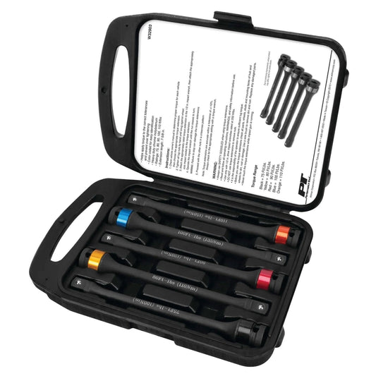 Open case of 5-Piece Torque Limiting Extension Set with color-coded extensions ranging from 75 to 110 ft-lbs, model W32903.