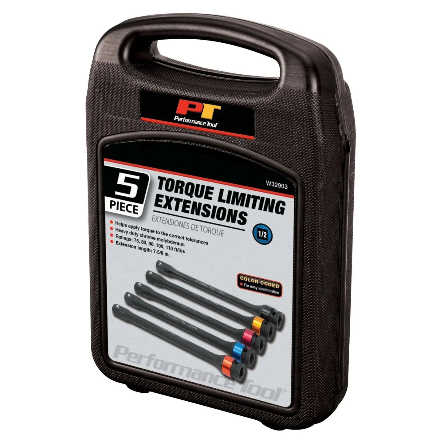 Carrying case for 5-Piece Torque Limiting Extension Set with color-coded extensions on cover, Model W32903 by Performance Tool.