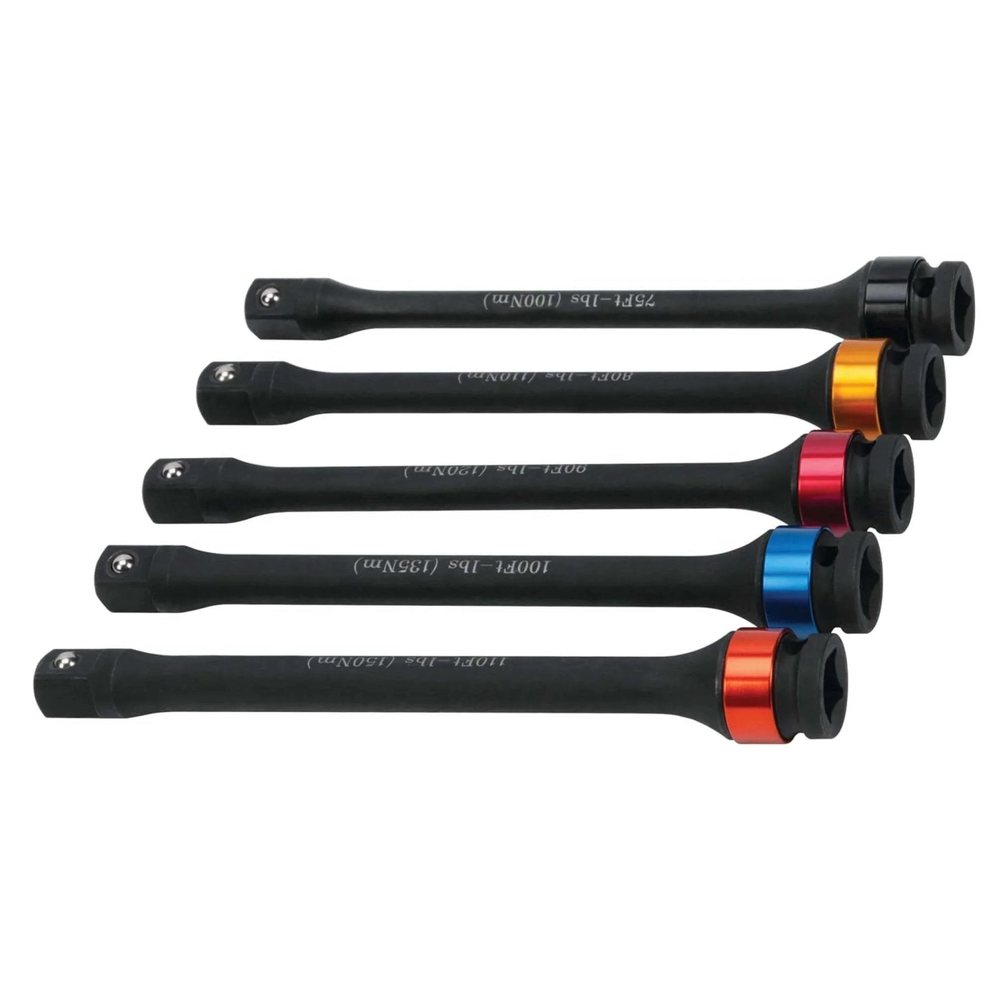 5-Piece Torque Limiting Extension Set, color-coded, chrome-moly, 75-110 ft-lbs range, side view of extensions laying flat