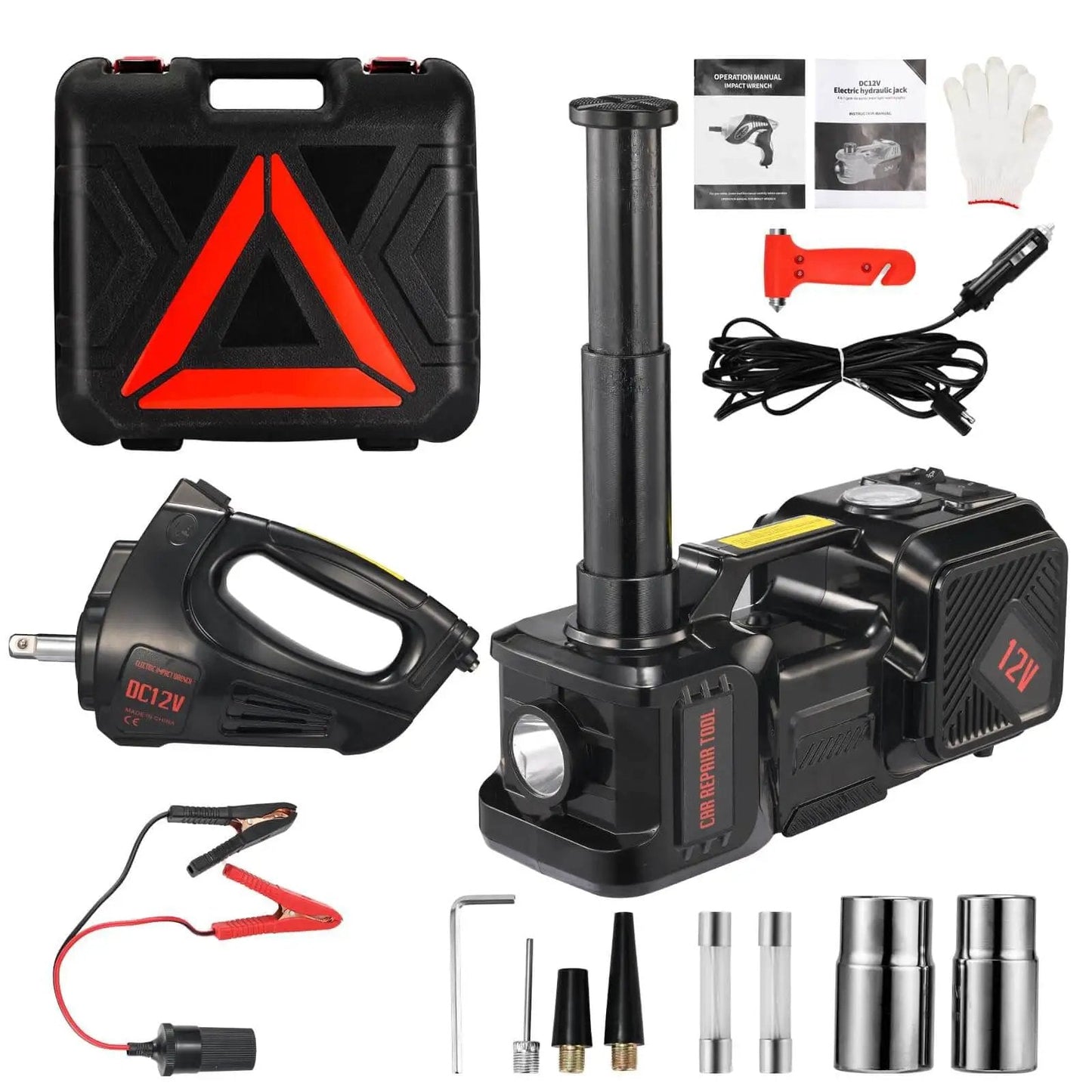 5 Ton Electric Car Jack Kit With 12V Hydraulic Floor Jack Lift Built In Inflator And Impact Wrench Auto Repair Tool Set