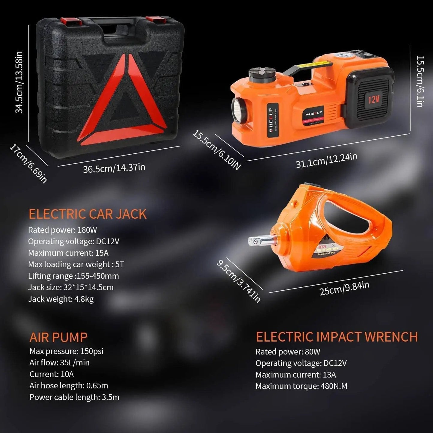 Fast 5-Ton Electric Car Jack Kit With 12V Hydraulic Lift And Impact Wrench For SUV MPV Sedan And Truck, showing jack, case, and wrench